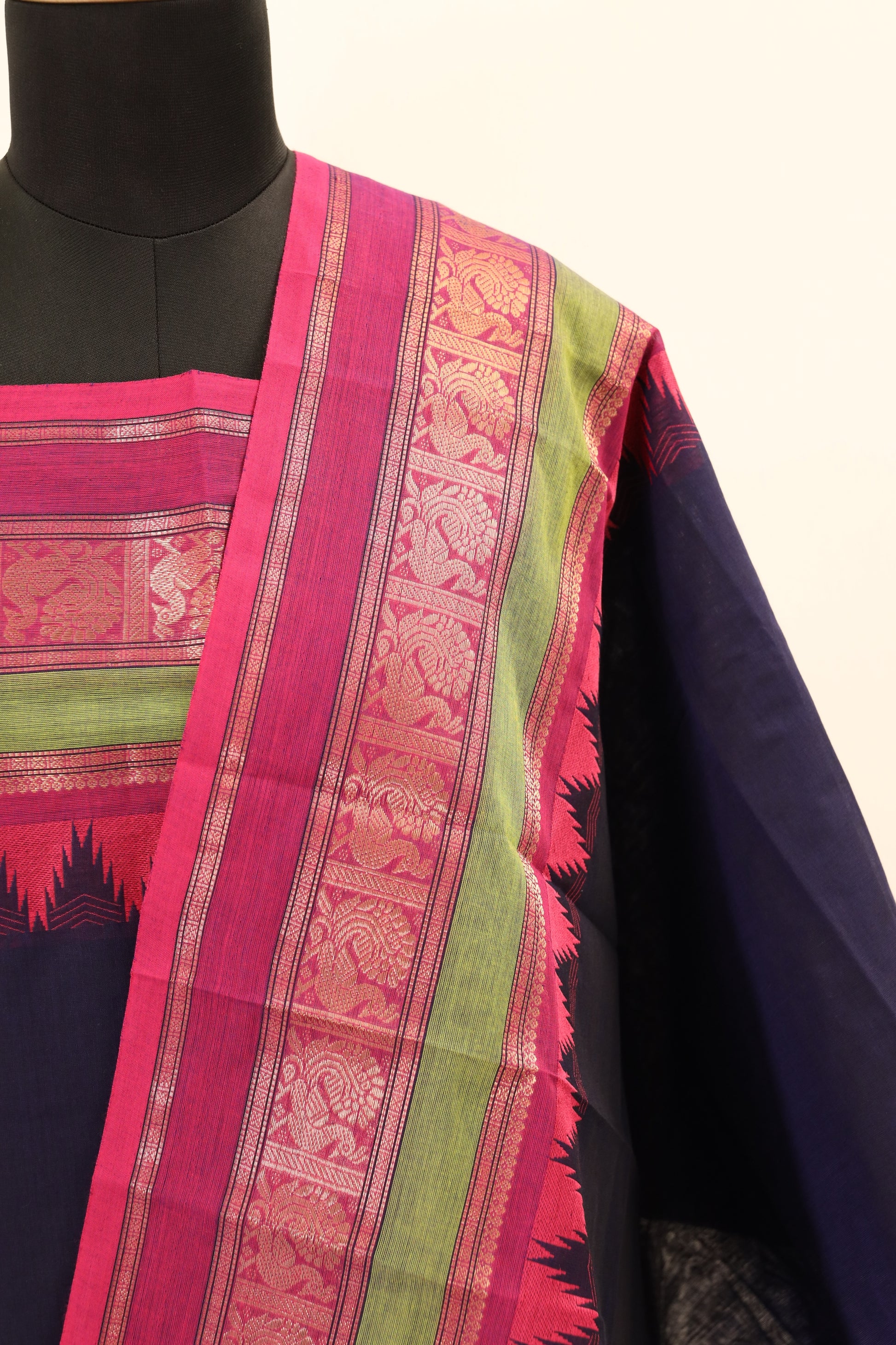 Navy Blue with Pink Border Chettinad Cotton Unstitched Salwar Suit - #NC084