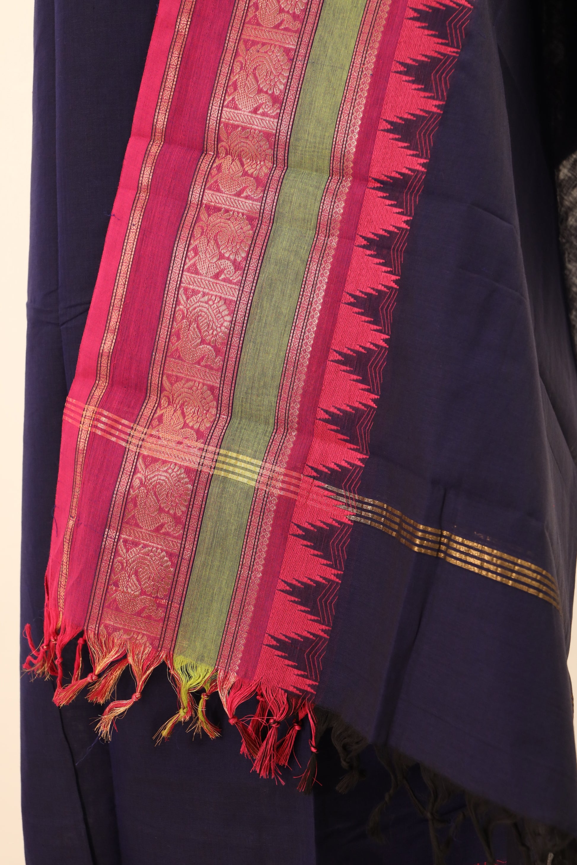 Navy Blue with Pink Border Chettinad Cotton Unstitched Salwar Suit - #NC084