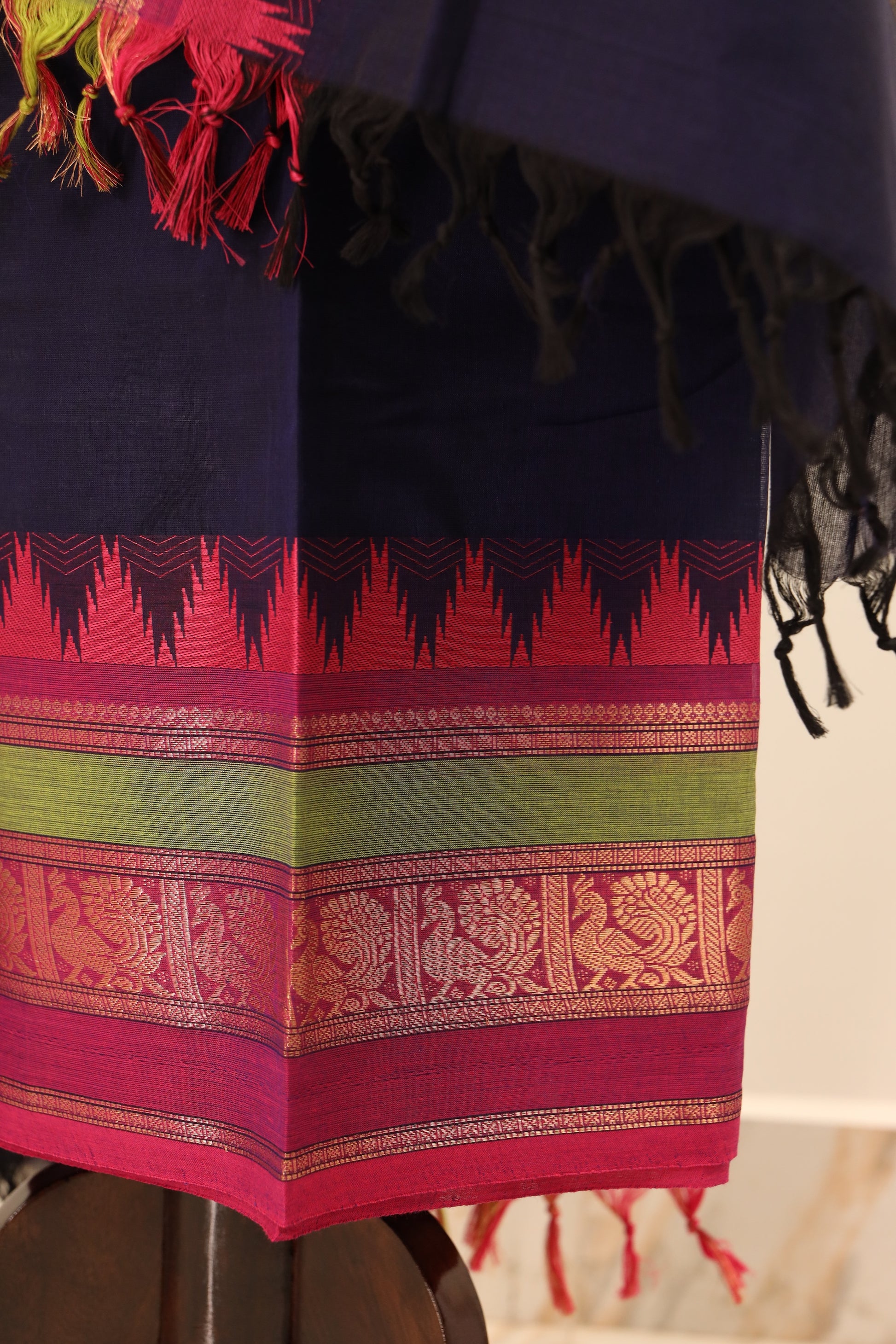 Navy Blue with Pink Border Chettinad Cotton Unstitched Salwar Suit - #NC084