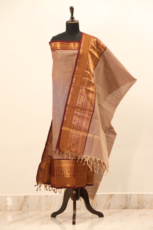 Beige with Brown Border Chettinad Cotton Unstitched Salwar Suit - #NC074
