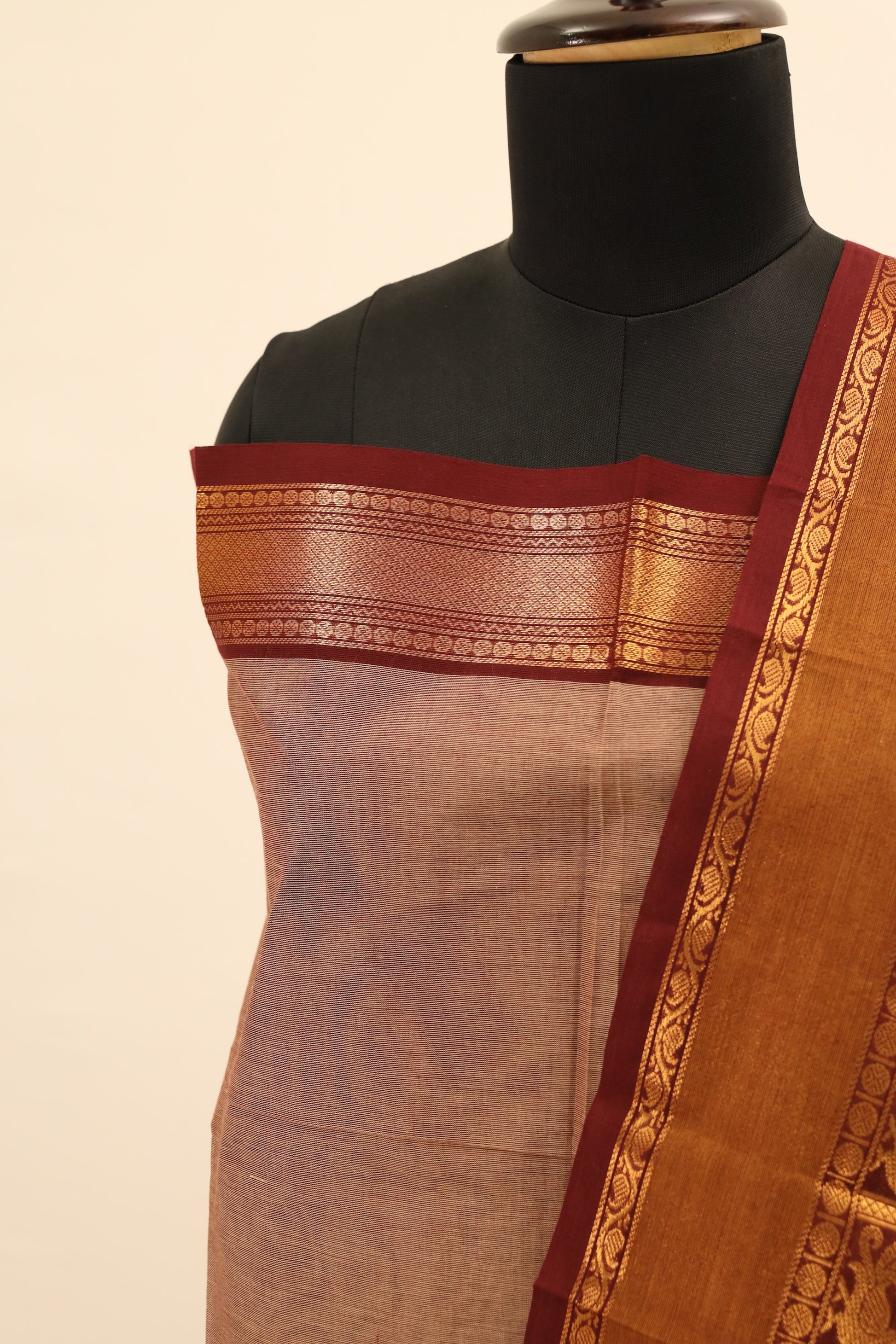 Beige with Brown Border Chettinad Cotton Unstitched Salwar Suit - #NC074