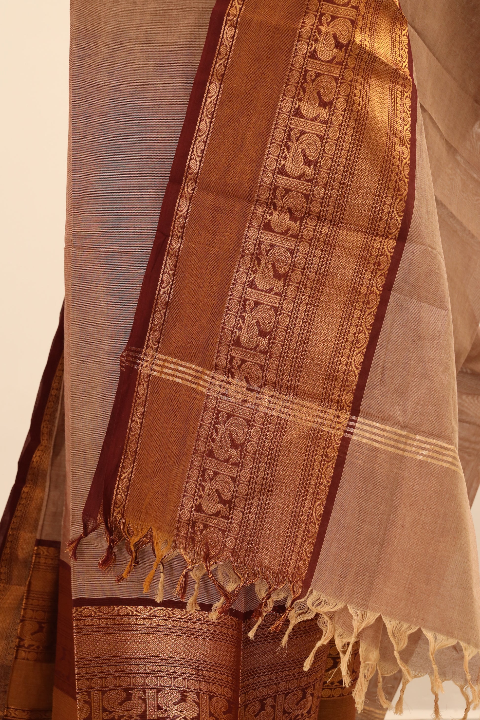 Beige with Brown Border Chettinad Cotton Unstitched Salwar Suit - #NC074