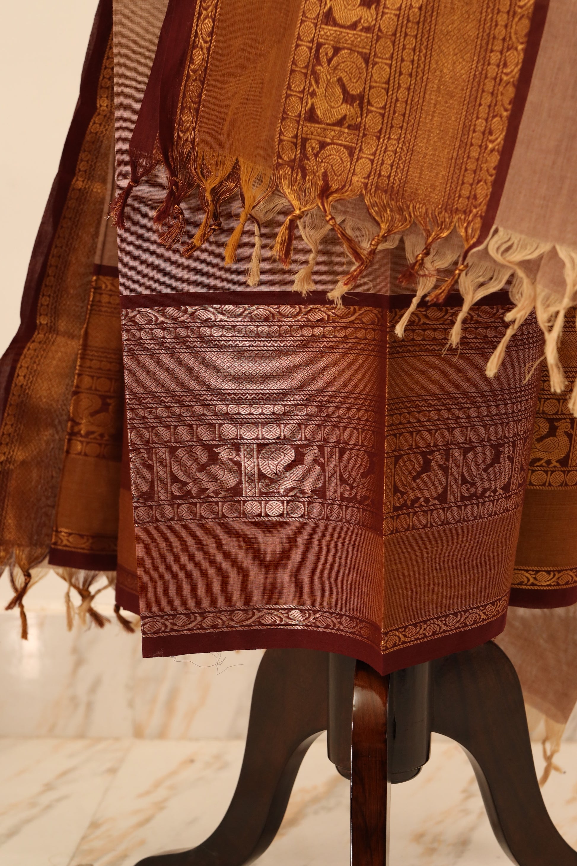 Beige with Brown Border Chettinad Cotton Unstitched Salwar Suit - #NC074