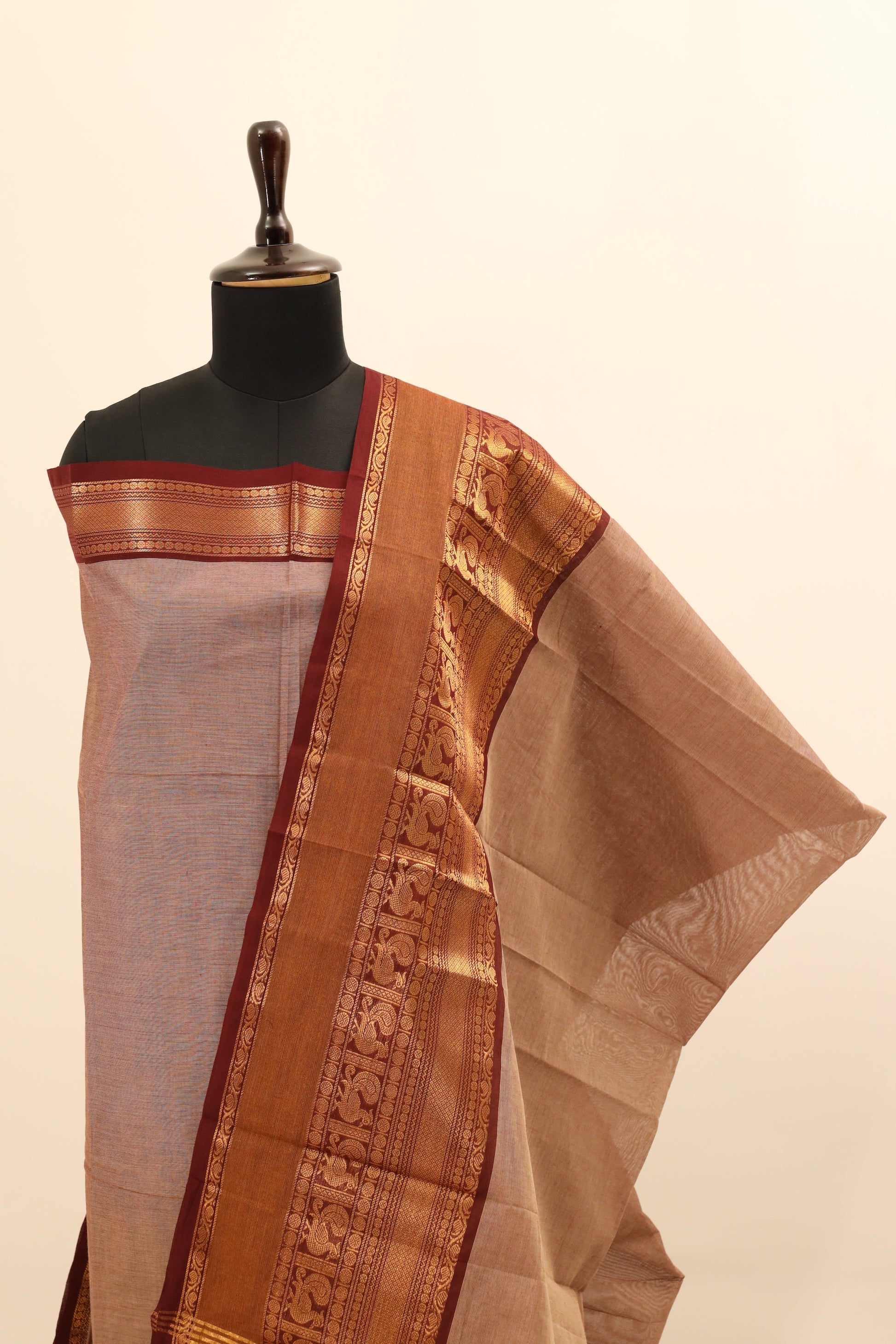 Beige with Brown Border Chettinad Cotton Unstitched Salwar Suit - #NC074