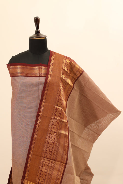 Beige with Brown Border Chettinad Cotton Unstitched Salwar Suit - #NC074