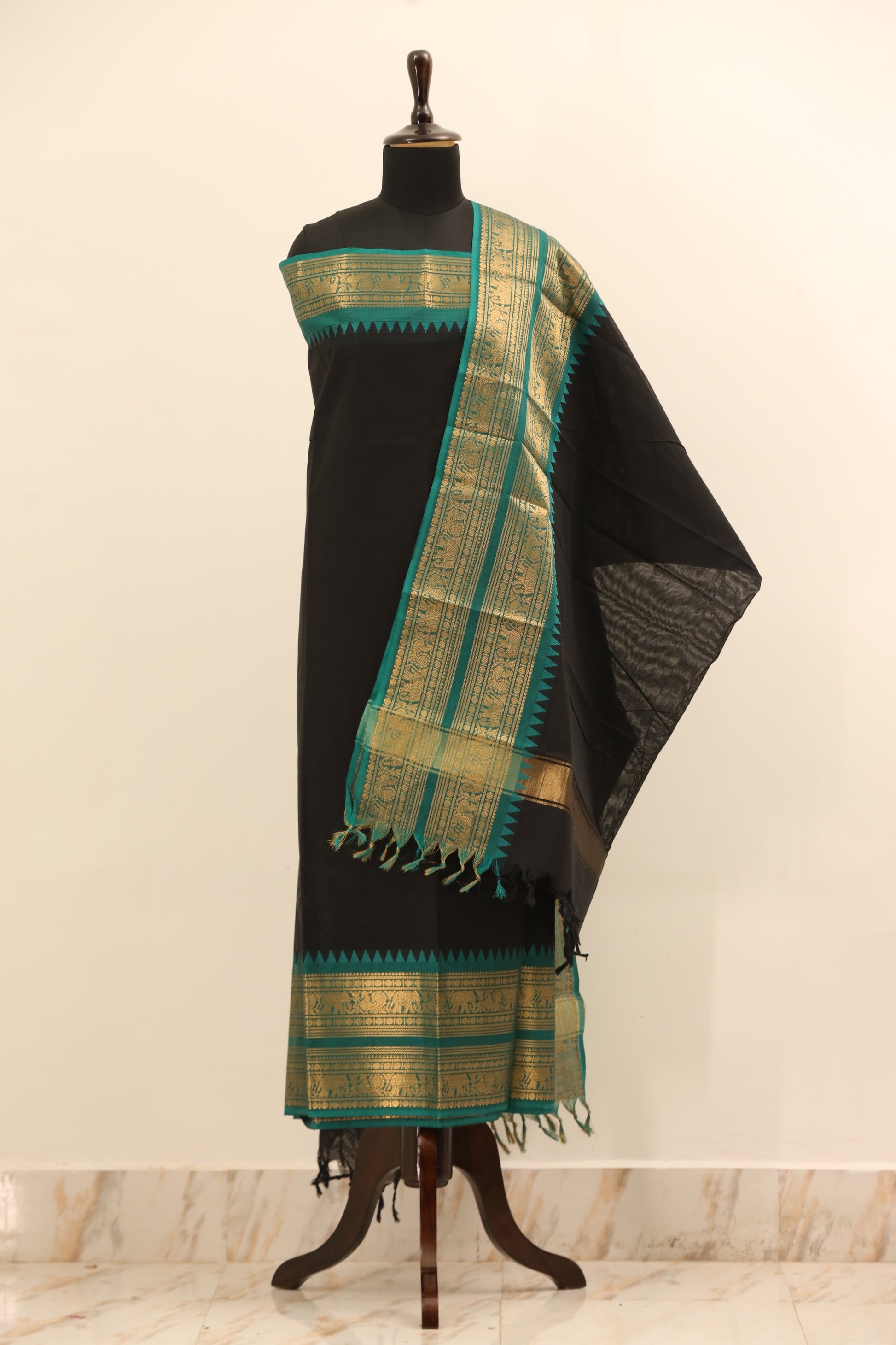 Black with Blue and Golden Border Chettinad Cotton Unstitched Salwar Suit - #NC075
