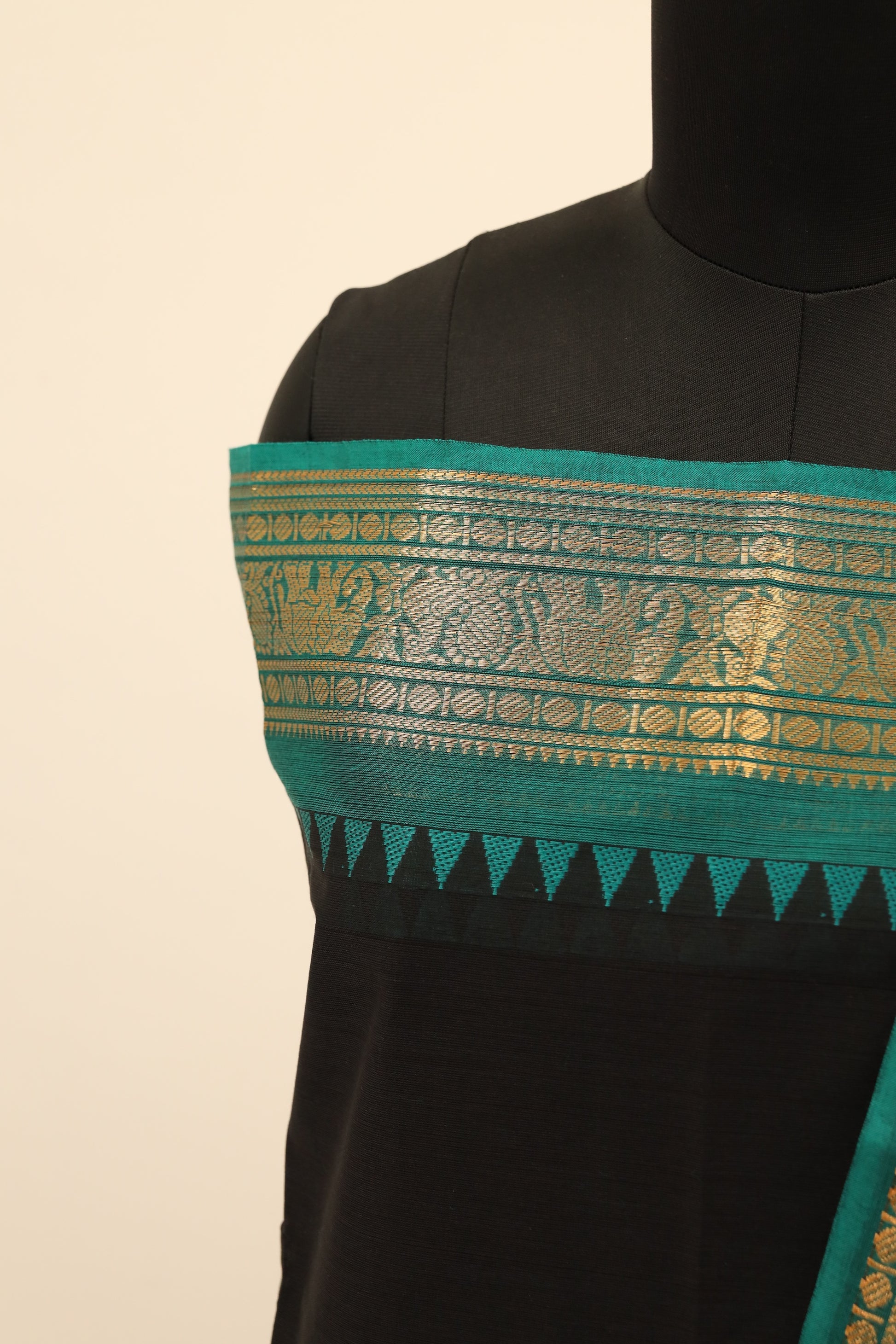 Black with Blue and Golden Border Chettinad Cotton Unstitched Salwar Suit - #NC075