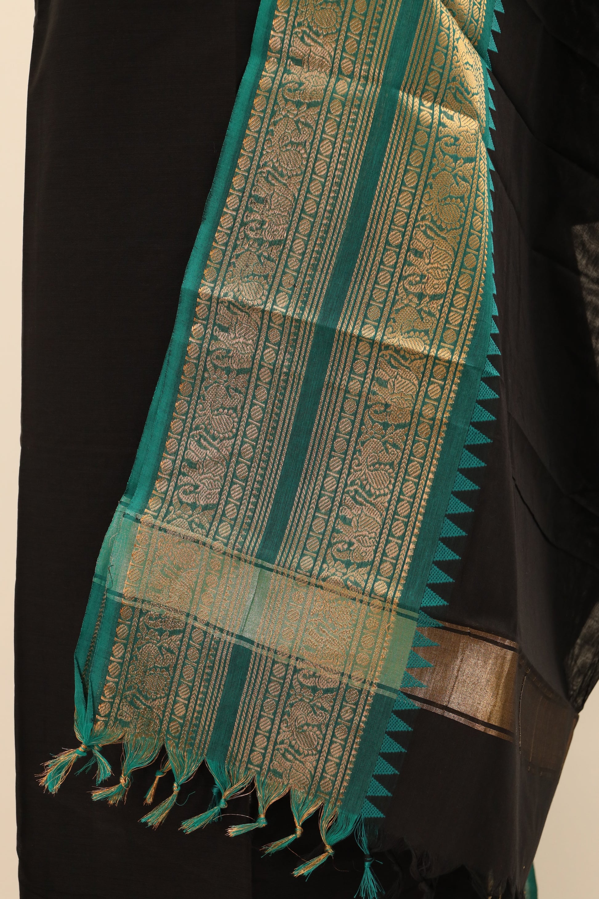 Black with Blue and Golden Border Chettinad Cotton Unstitched Salwar Suit - #NC075