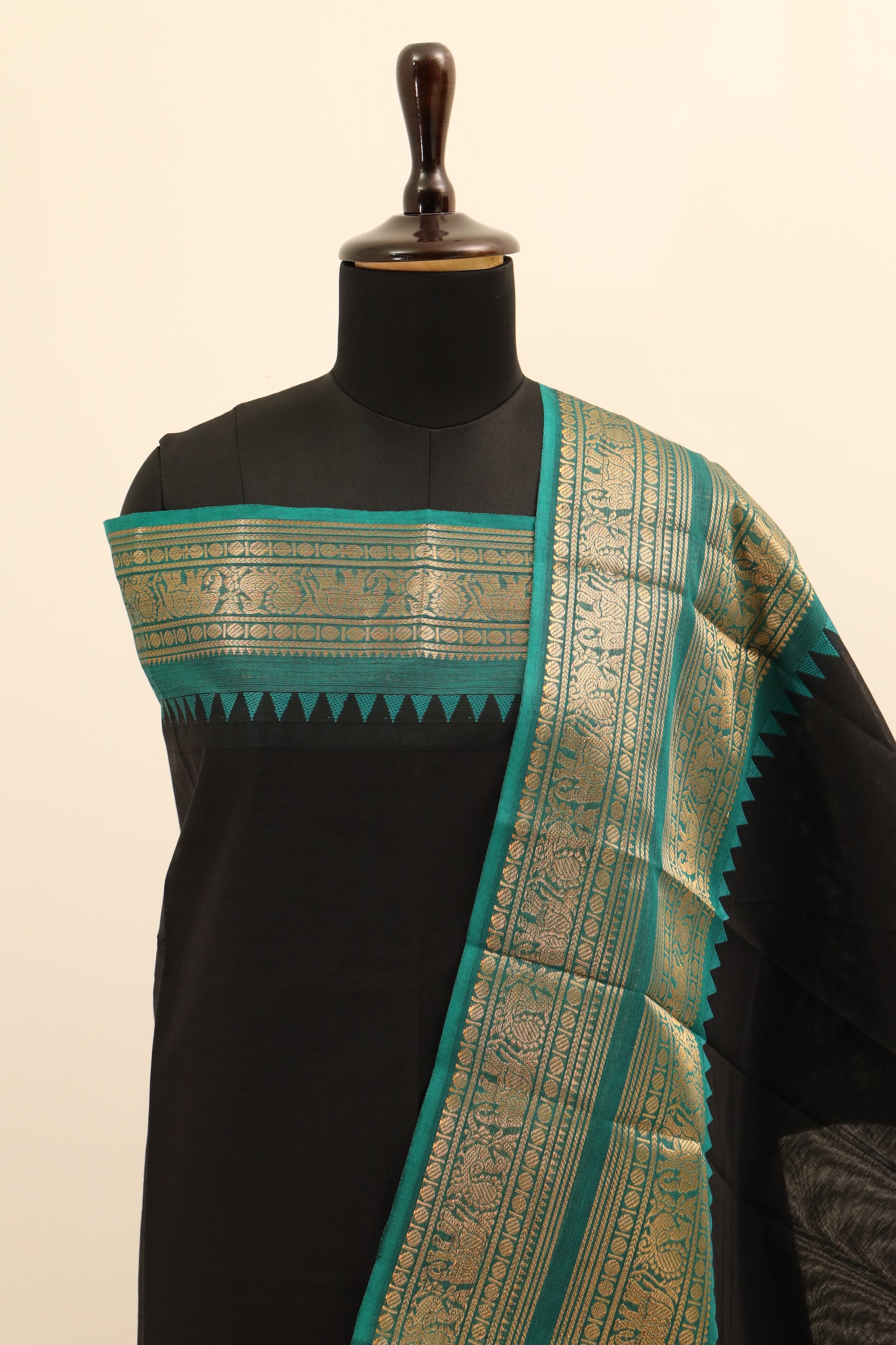 Black with Blue and Golden Border Chettinad Cotton Unstitched Salwar Suit - #NC075