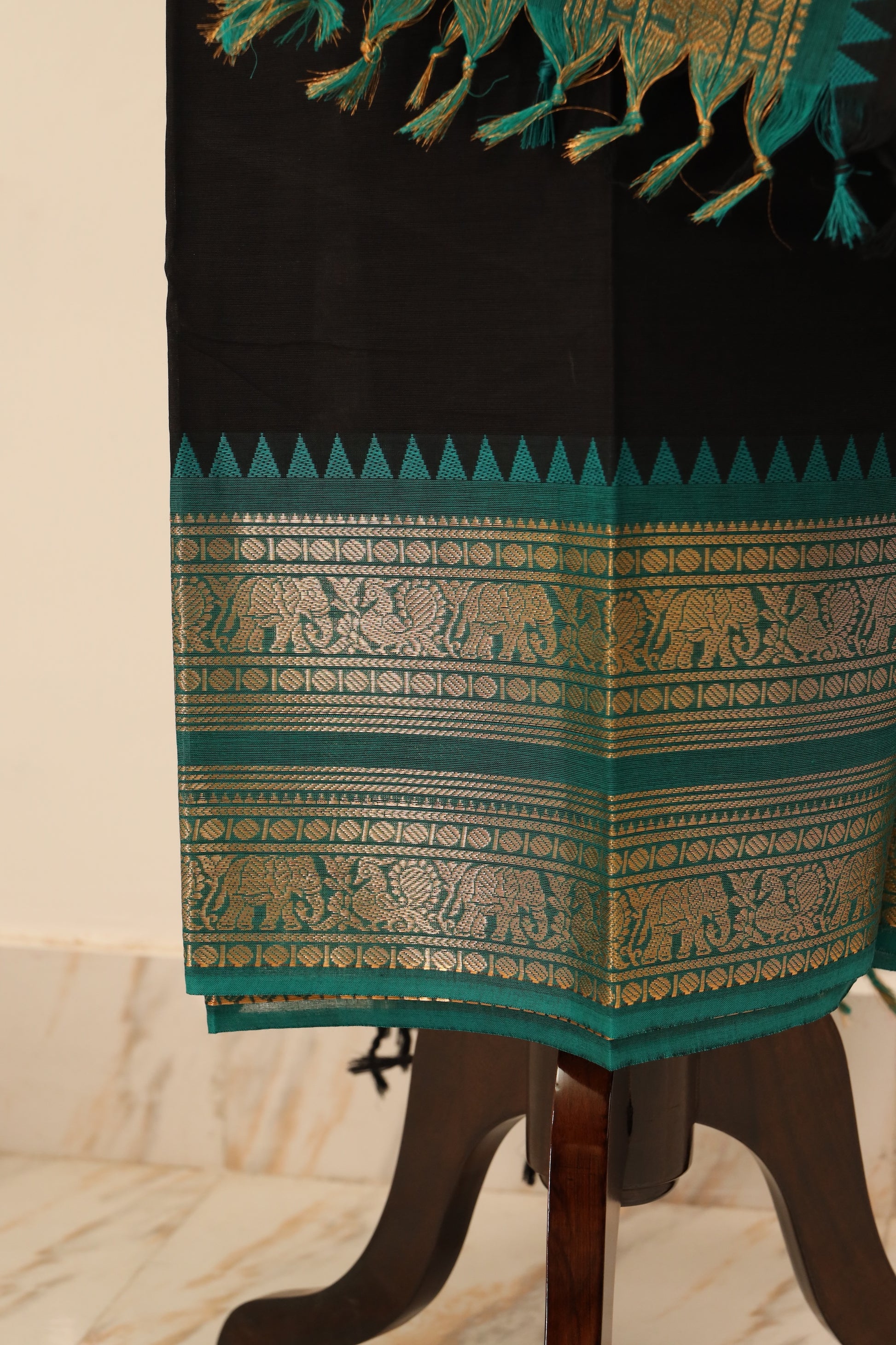 Black with Blue and Golden Border Chettinad Cotton Unstitched Salwar Suit - #NC075