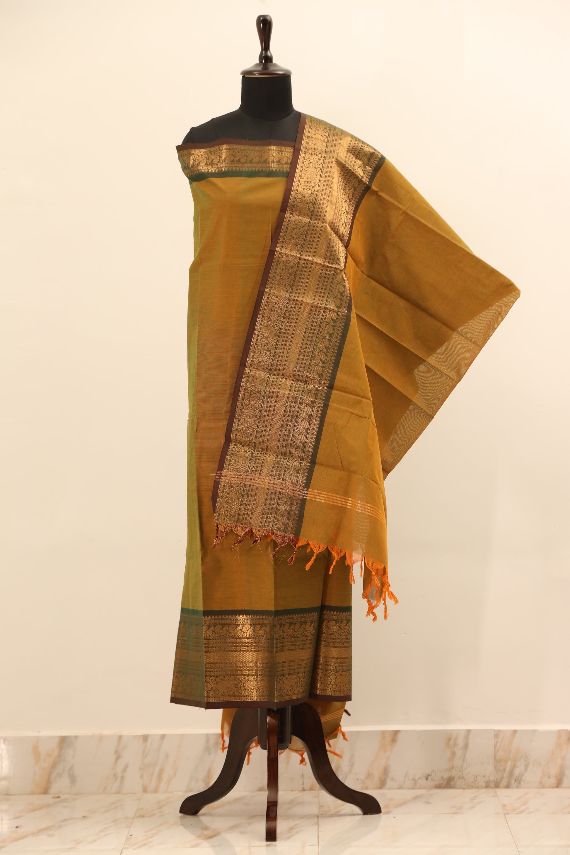 Yellow with Brown Border Chettinad Cotton Unstitched Salwar Suit - #NC076