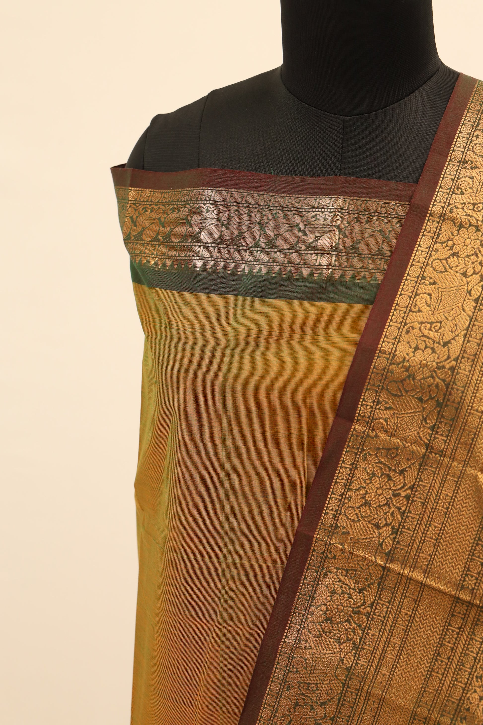 Yellow with Brown Border Chettinad Cotton Unstitched Salwar Suit - #NC076