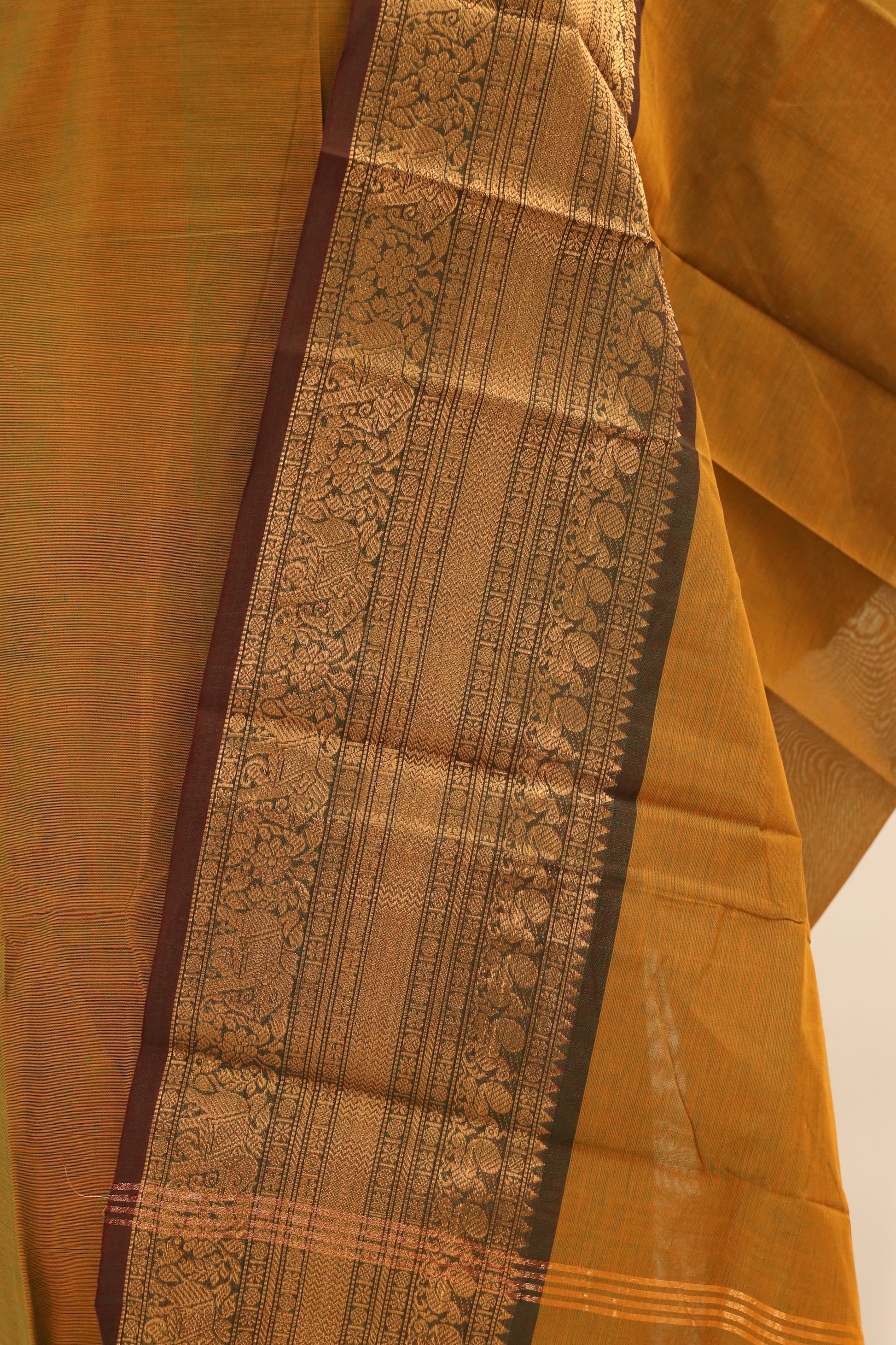 Yellow with Brown Border Chettinad Cotton Unstitched Salwar Suit - #NC076