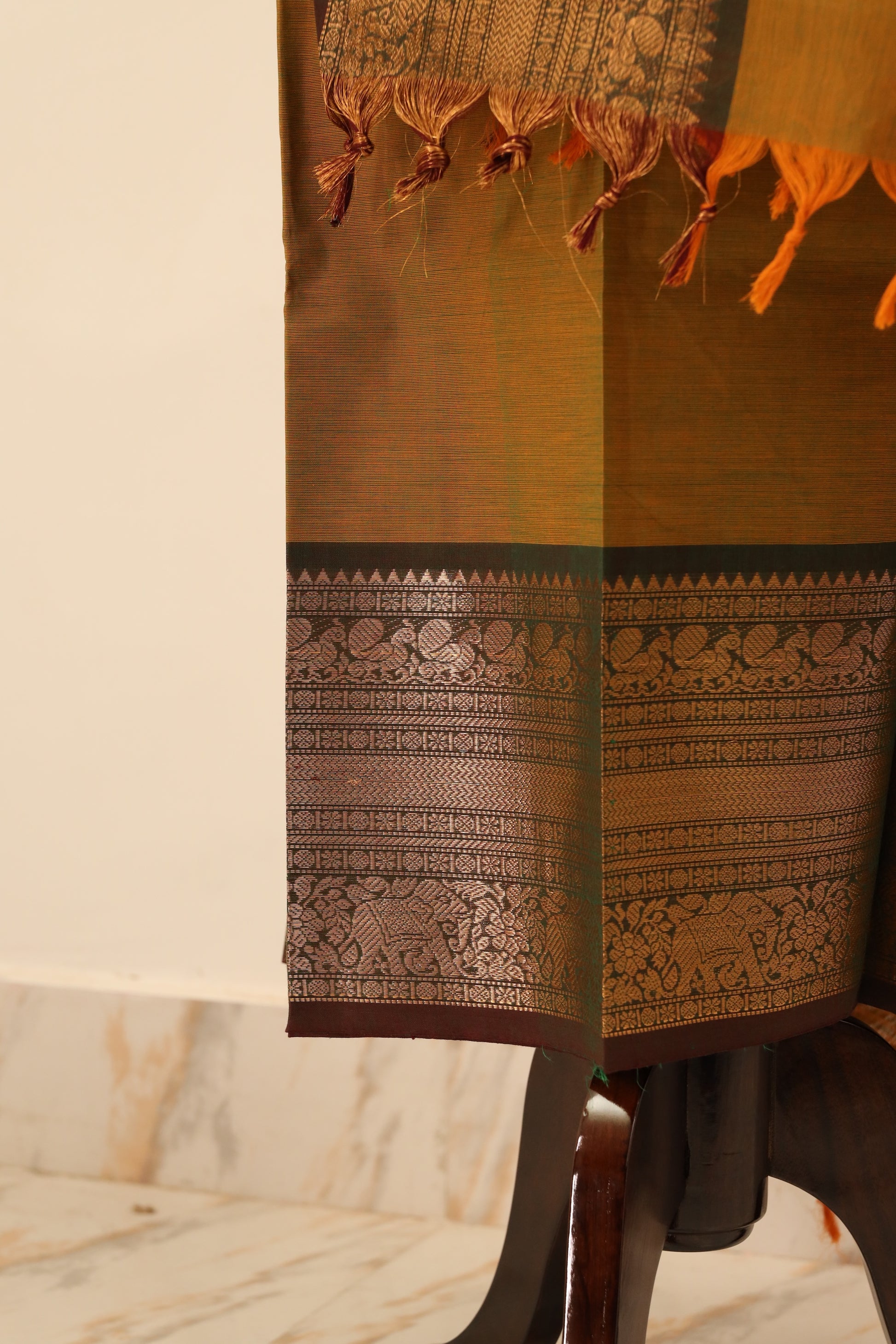 Yellow with Brown Border Chettinad Cotton Unstitched Salwar Suit - #NC076