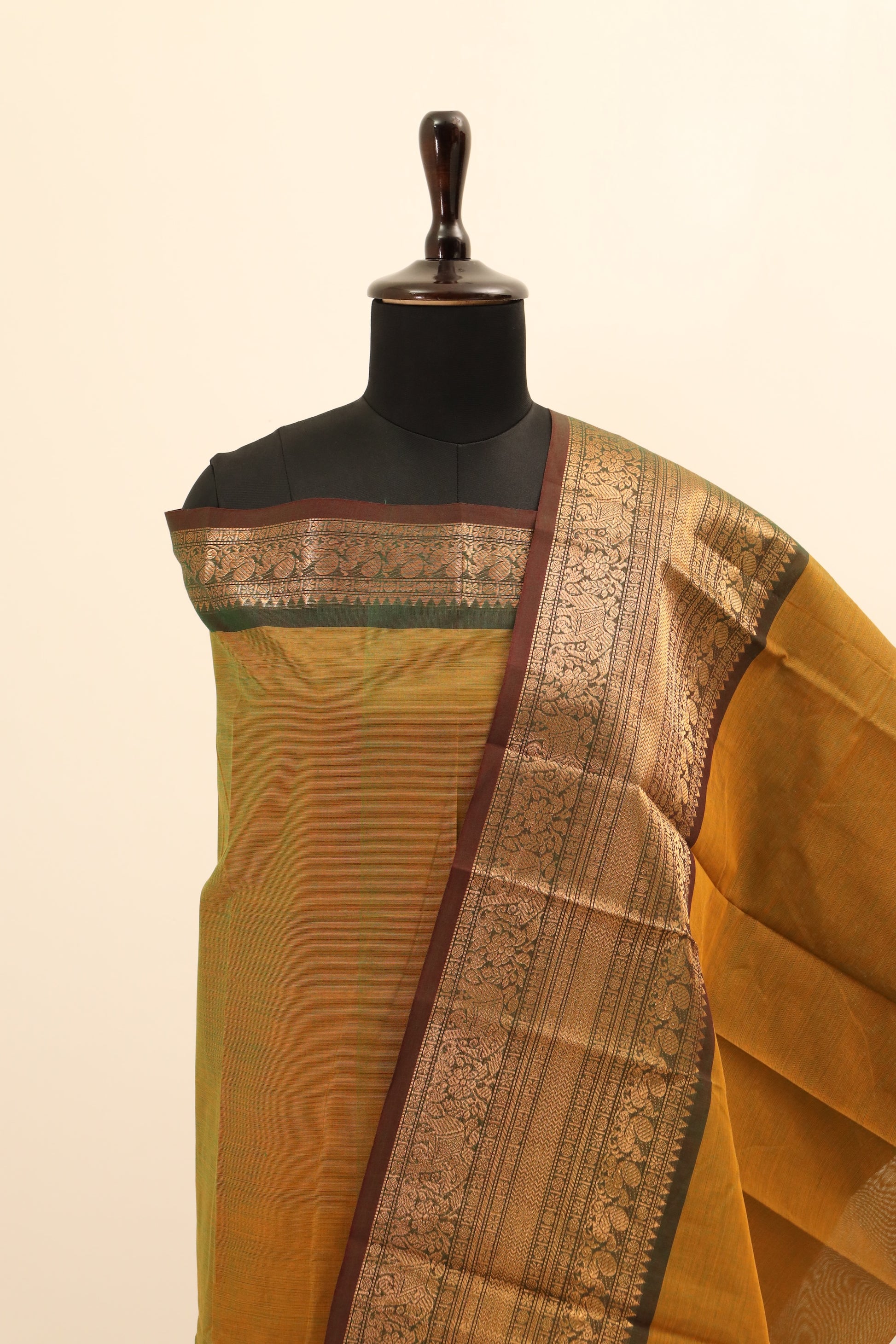 Yellow with Brown Border Chettinad Cotton Unstitched Salwar Suit - #NC076