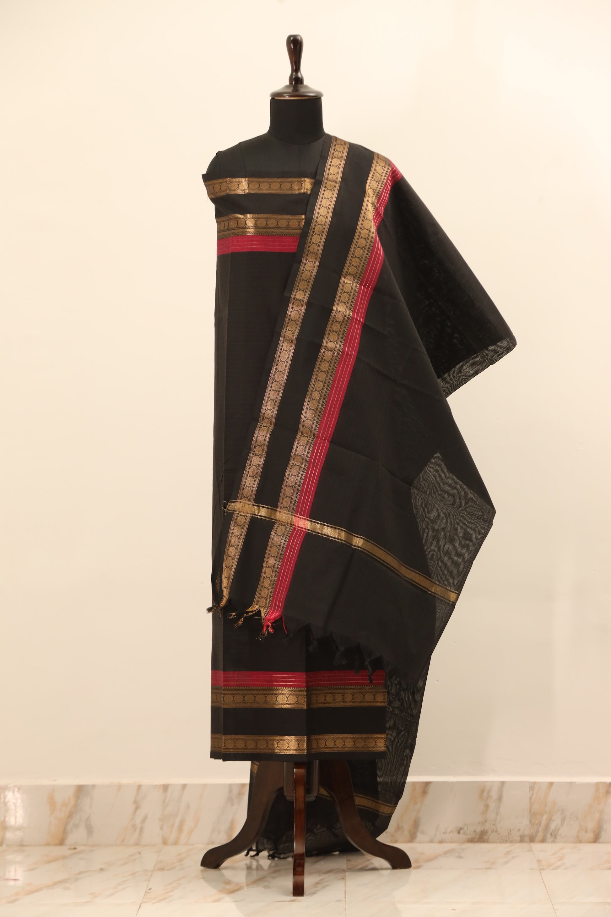 Black with Red and Golden Border Chettinad Cotton Unstitched Salwar Suit - #NC077