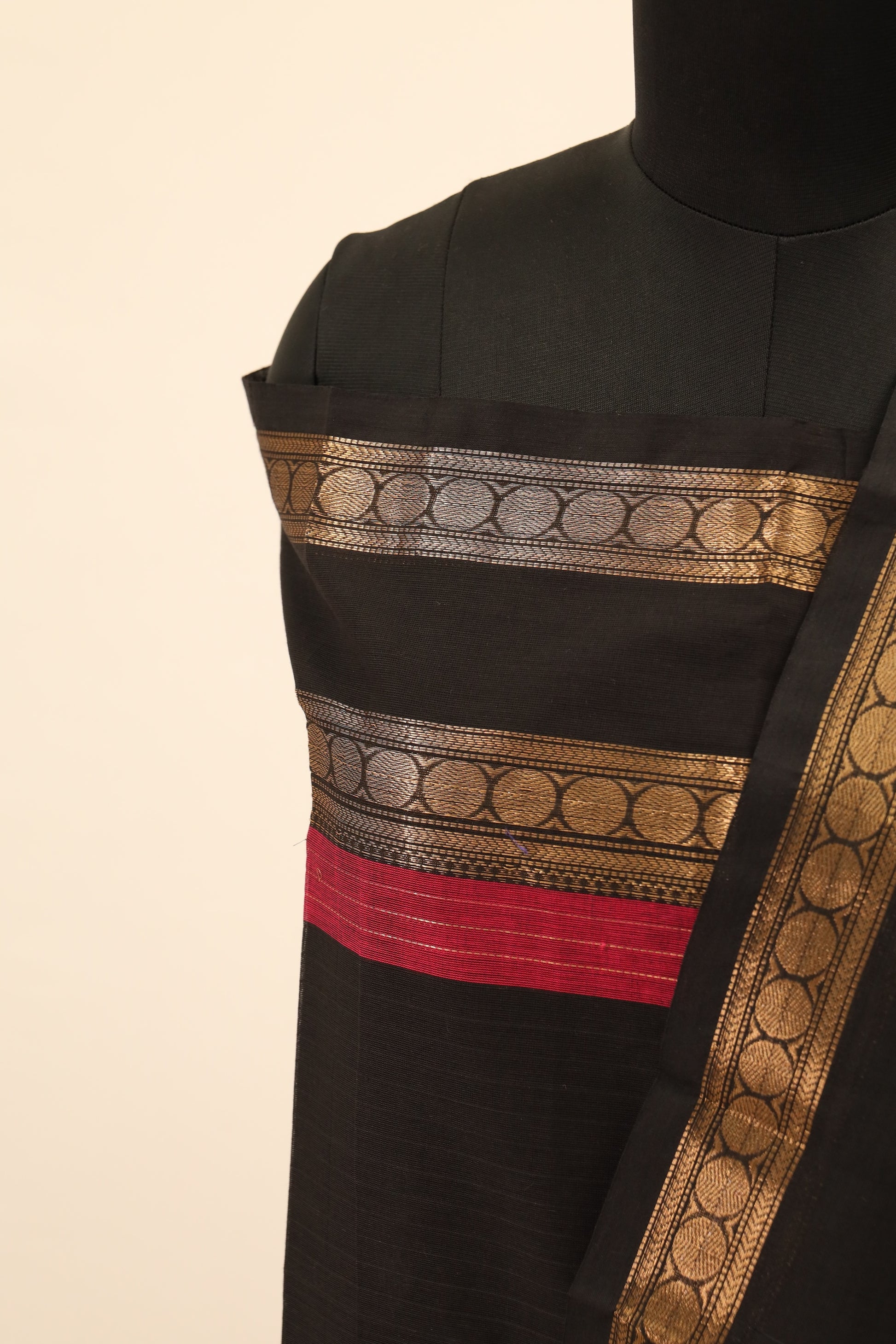 Black with Red and Golden Border Chettinad Cotton Unstitched Salwar Suit - #NC077