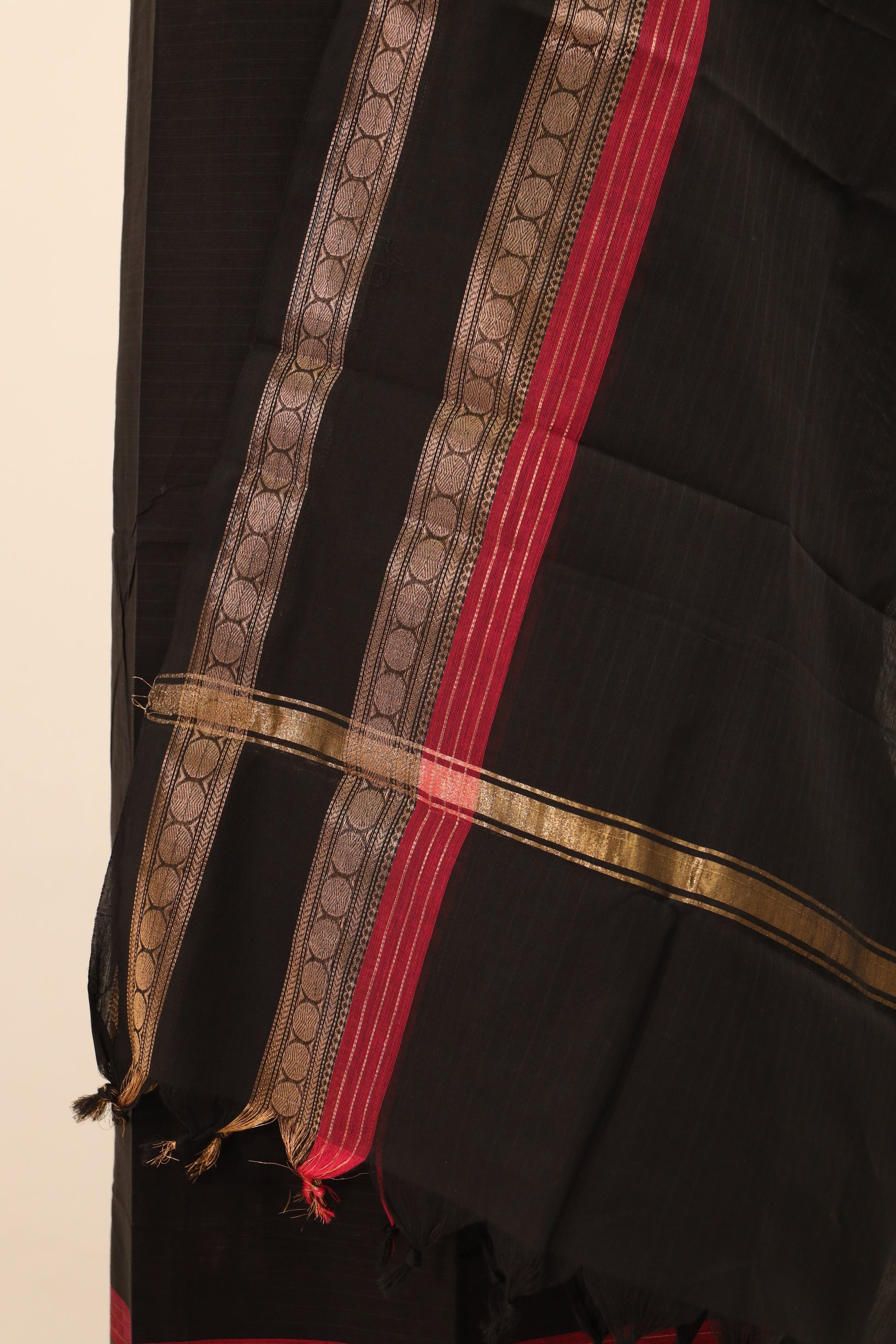 Black with Red and Golden Border Chettinad Cotton Unstitched Salwar Suit - #NC077