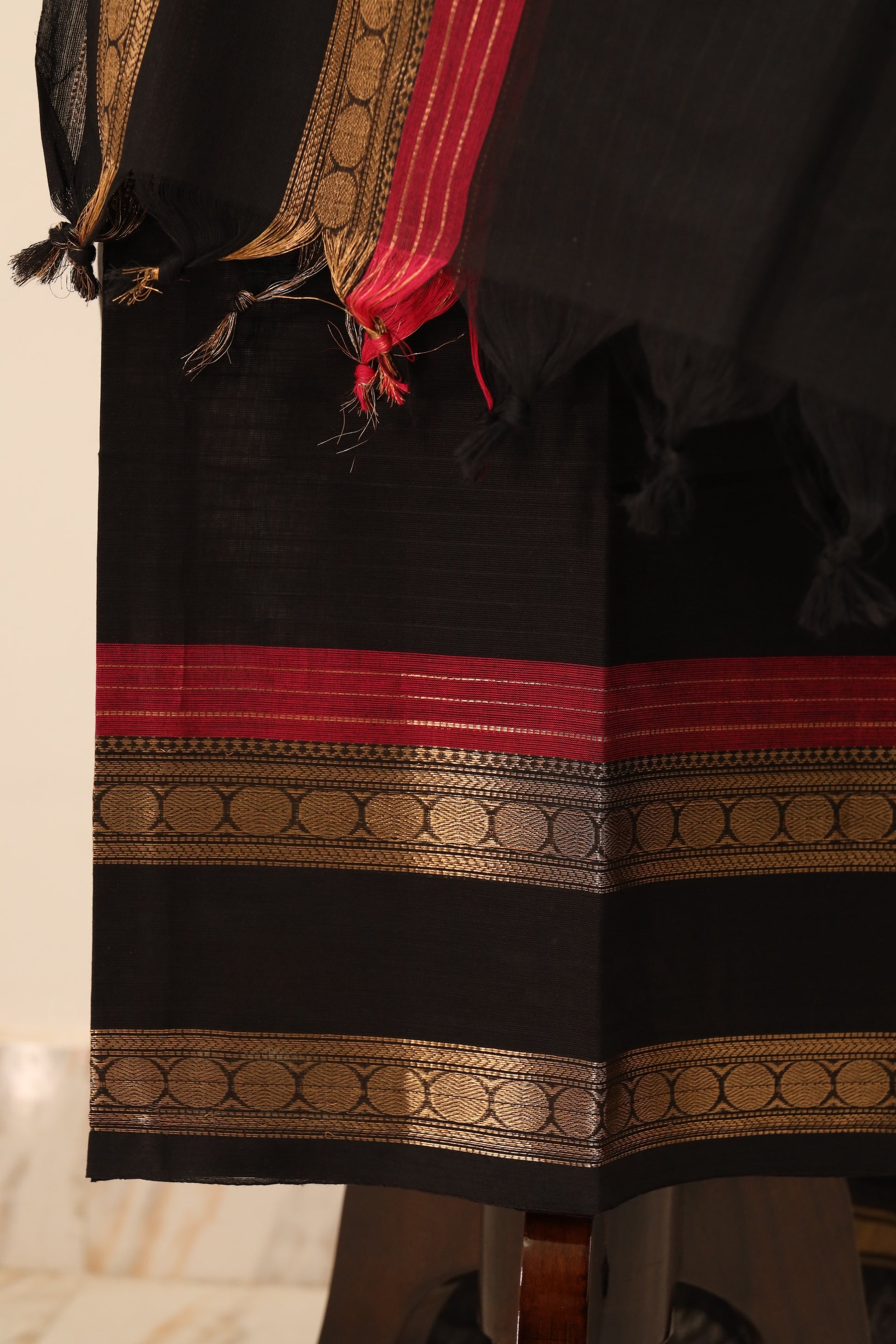 Black with Red and Golden Border Chettinad Cotton Unstitched Salwar Suit - #NC077