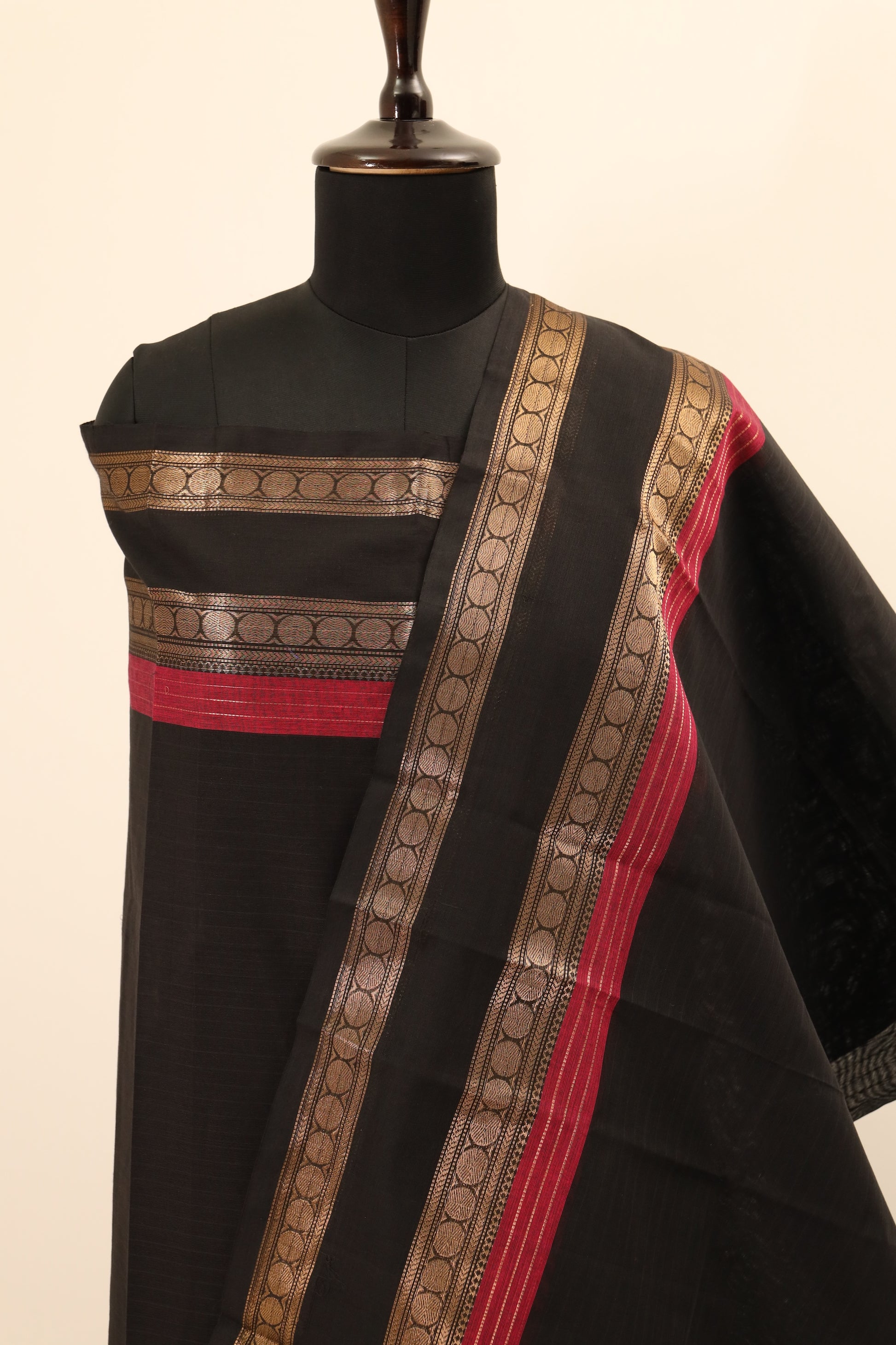 Black with Red and Golden Border Chettinad Cotton Unstitched Salwar Suit - #NC077