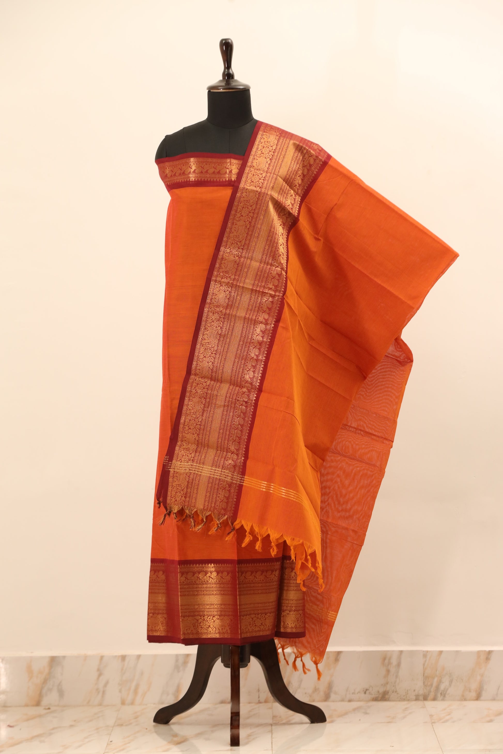 Orange with red Border Chettinad Cotton Unstitched Salwar Suit - #NC078