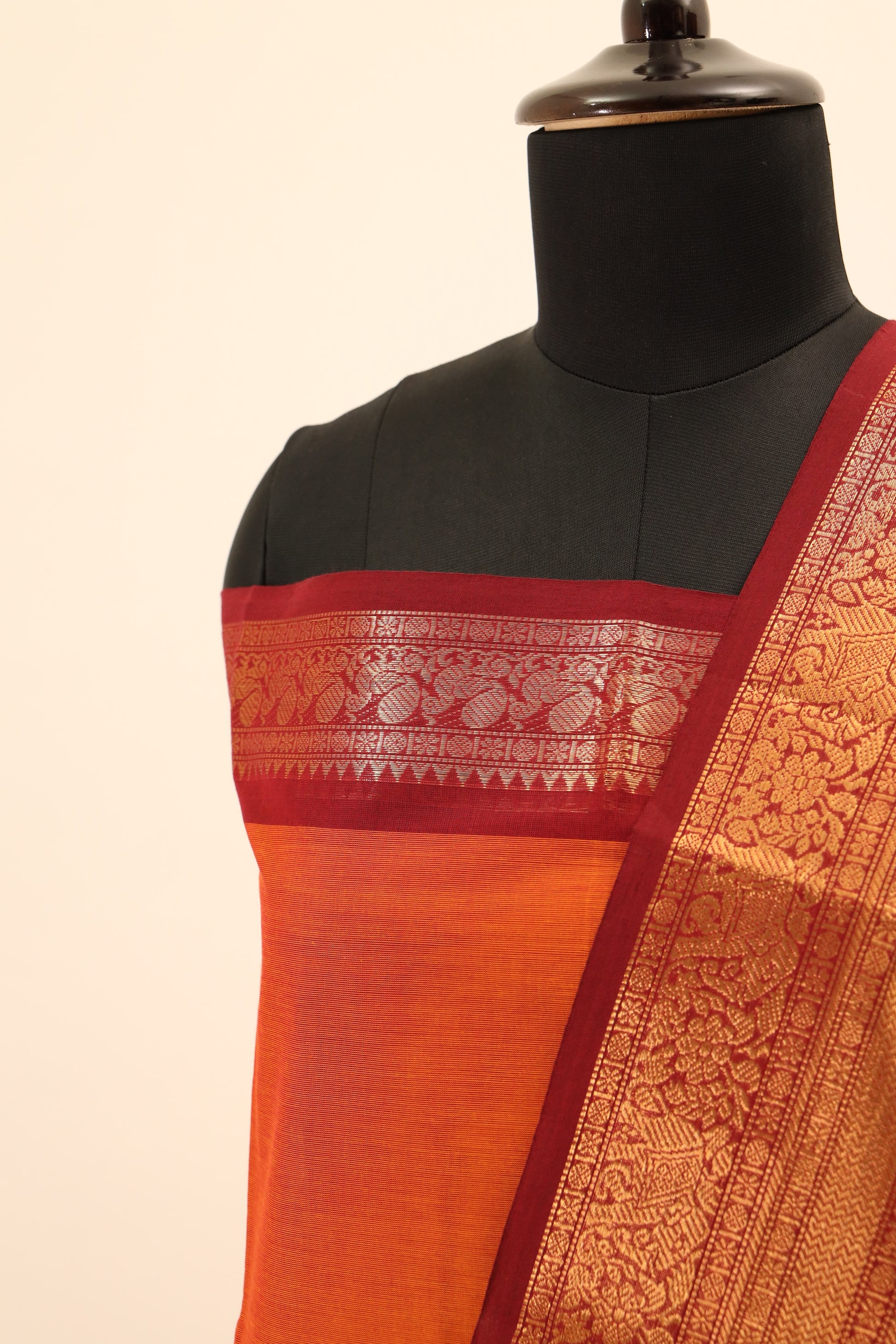 Orange with red Border Chettinad Cotton Unstitched Salwar Suit - #NC078