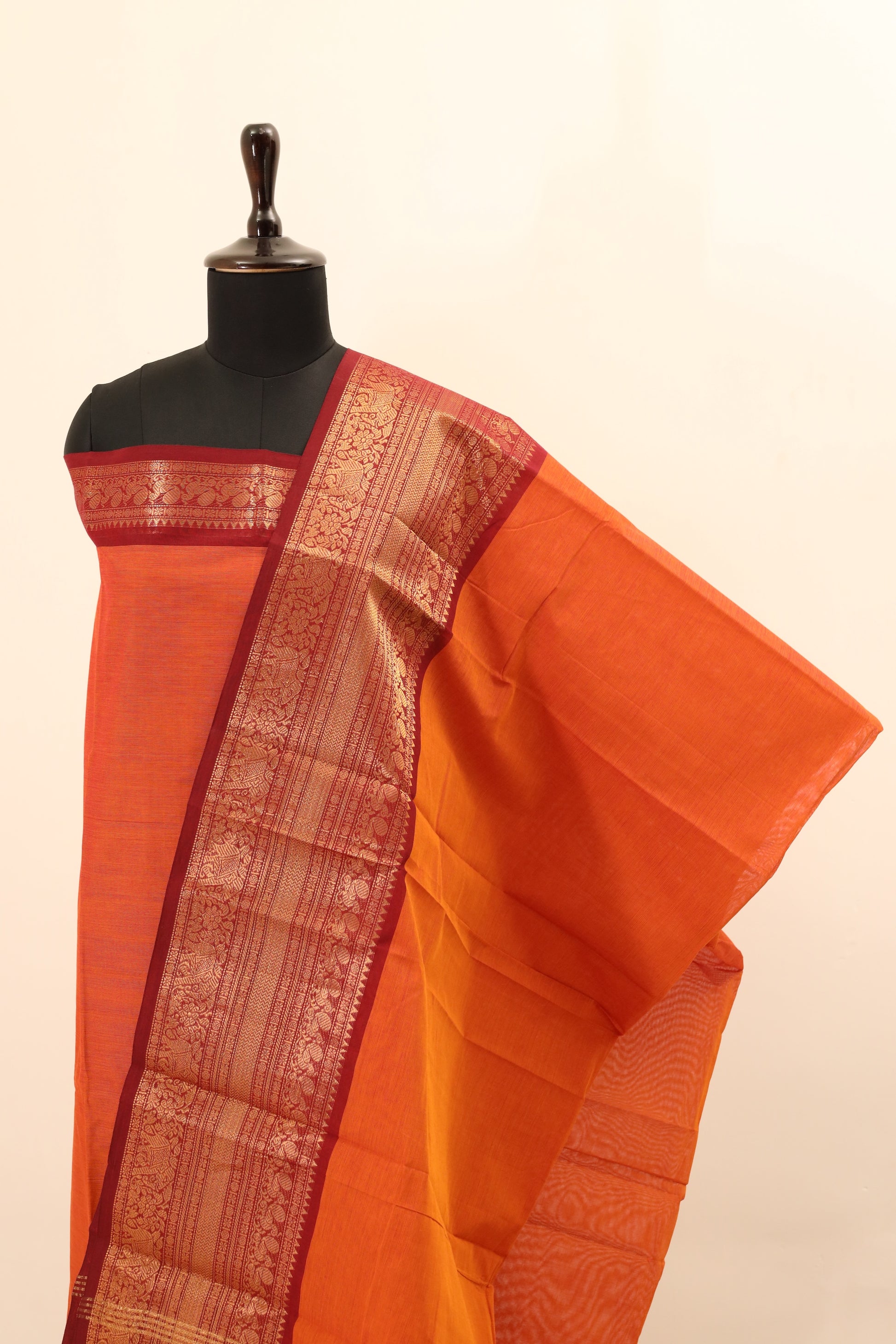 Orange with red Border Chettinad Cotton Unstitched Salwar Suit - #NC078