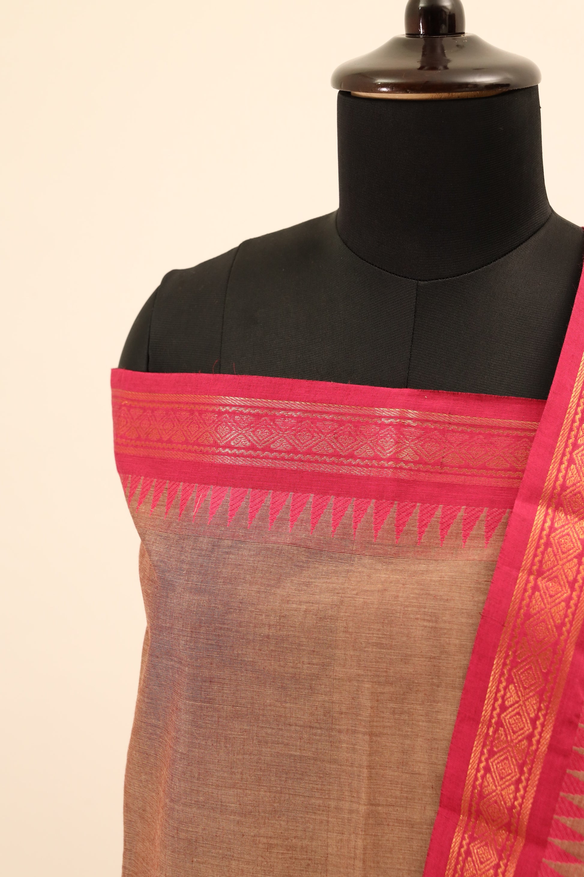 Beige with Pink Border Chettinad Cotton Unstitched Salwar Suit - #NC079