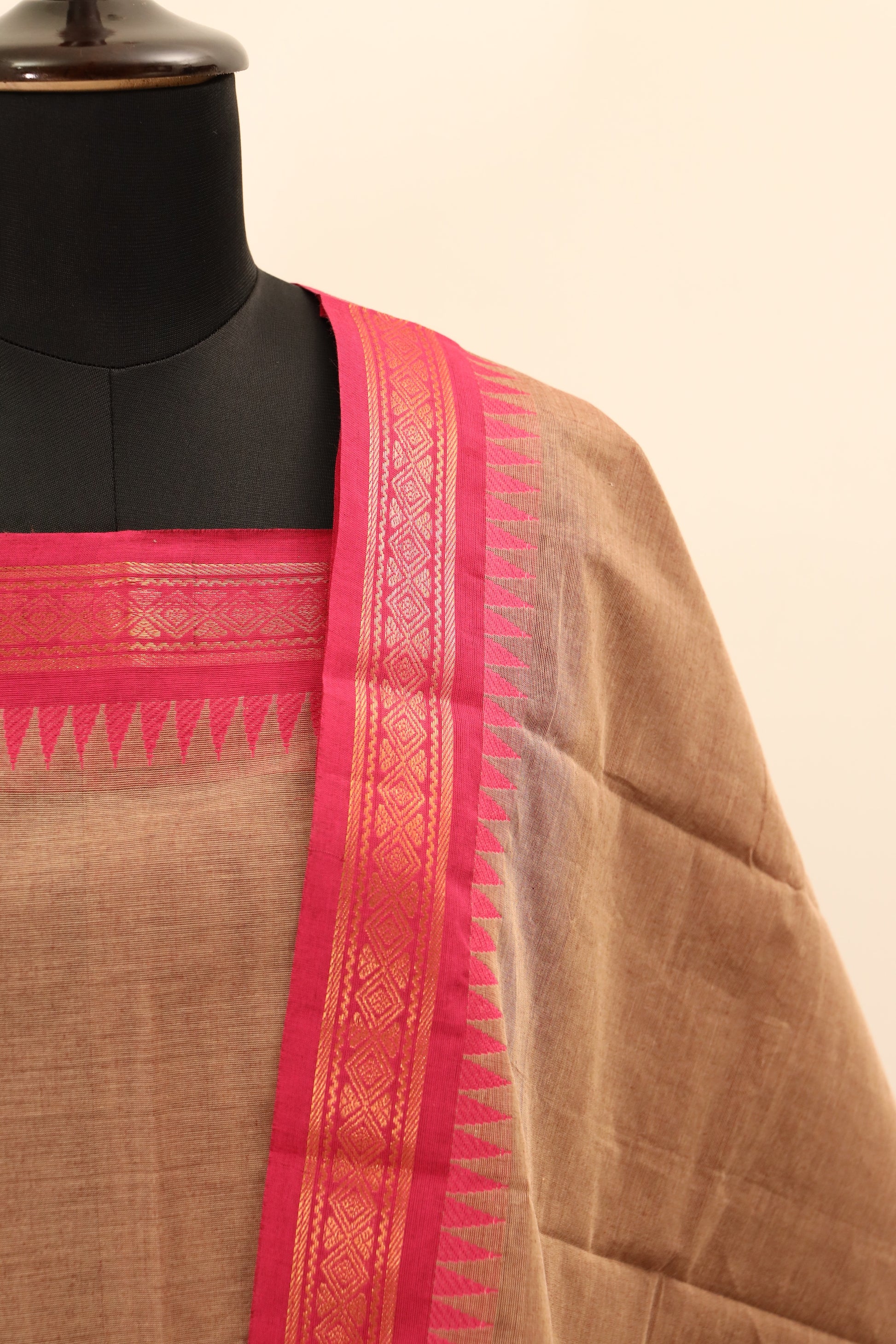 Beige with Pink Border Chettinad Cotton Unstitched Salwar Suit - #NC079