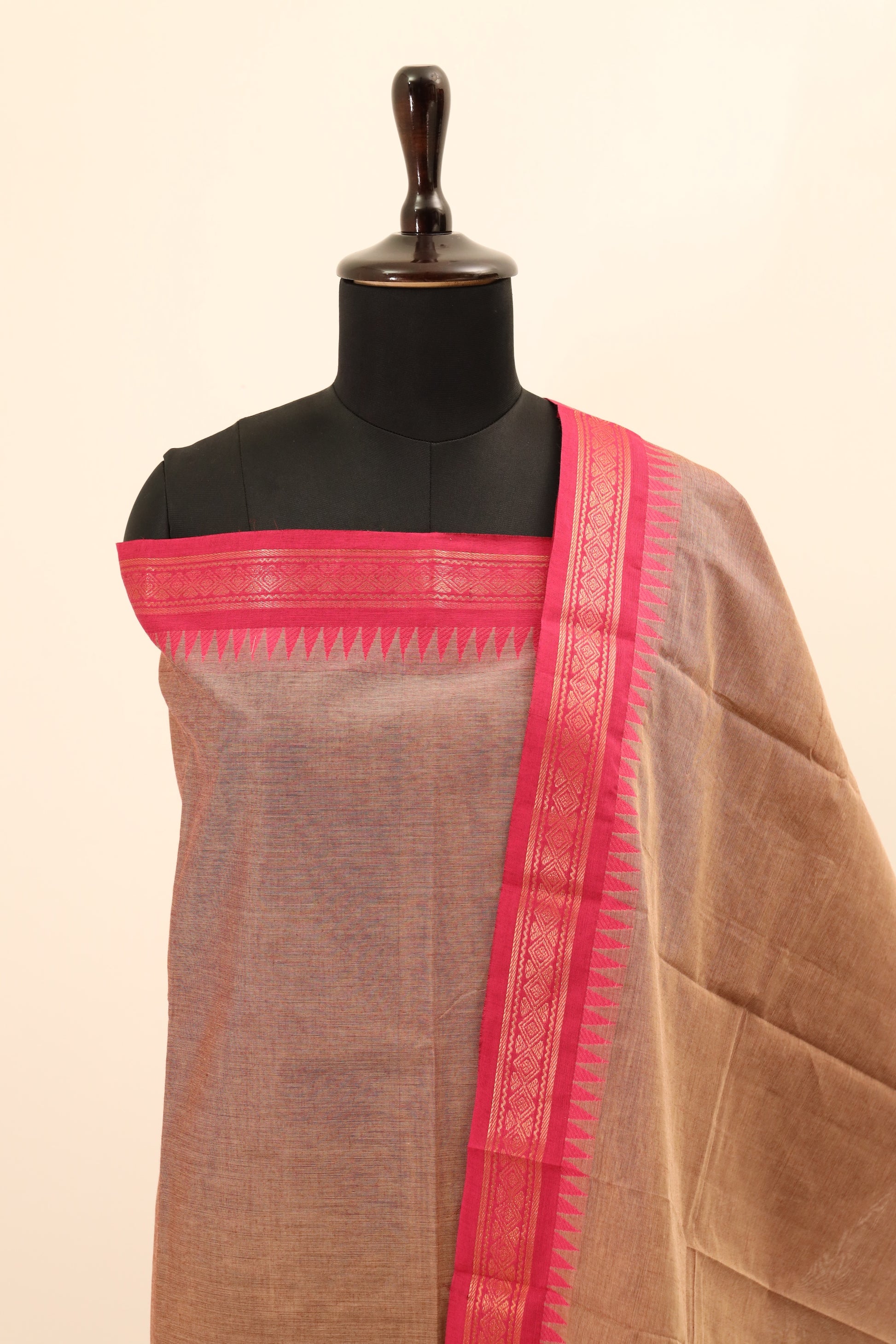 Beige with Pink Border Chettinad Cotton Unstitched Salwar Suit - #NC079