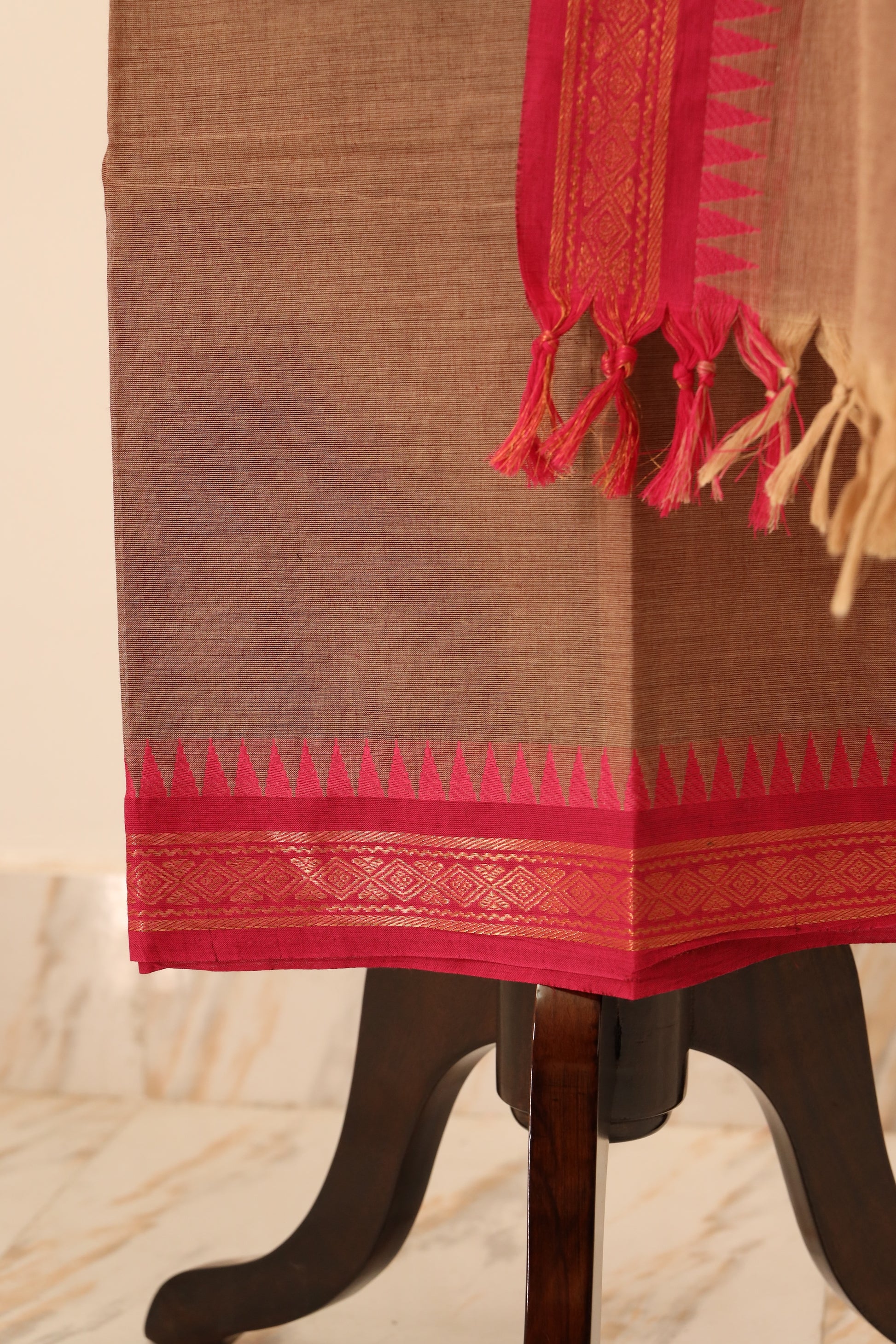 Beige with Pink Border Chettinad Cotton Unstitched Salwar Suit - #NC079