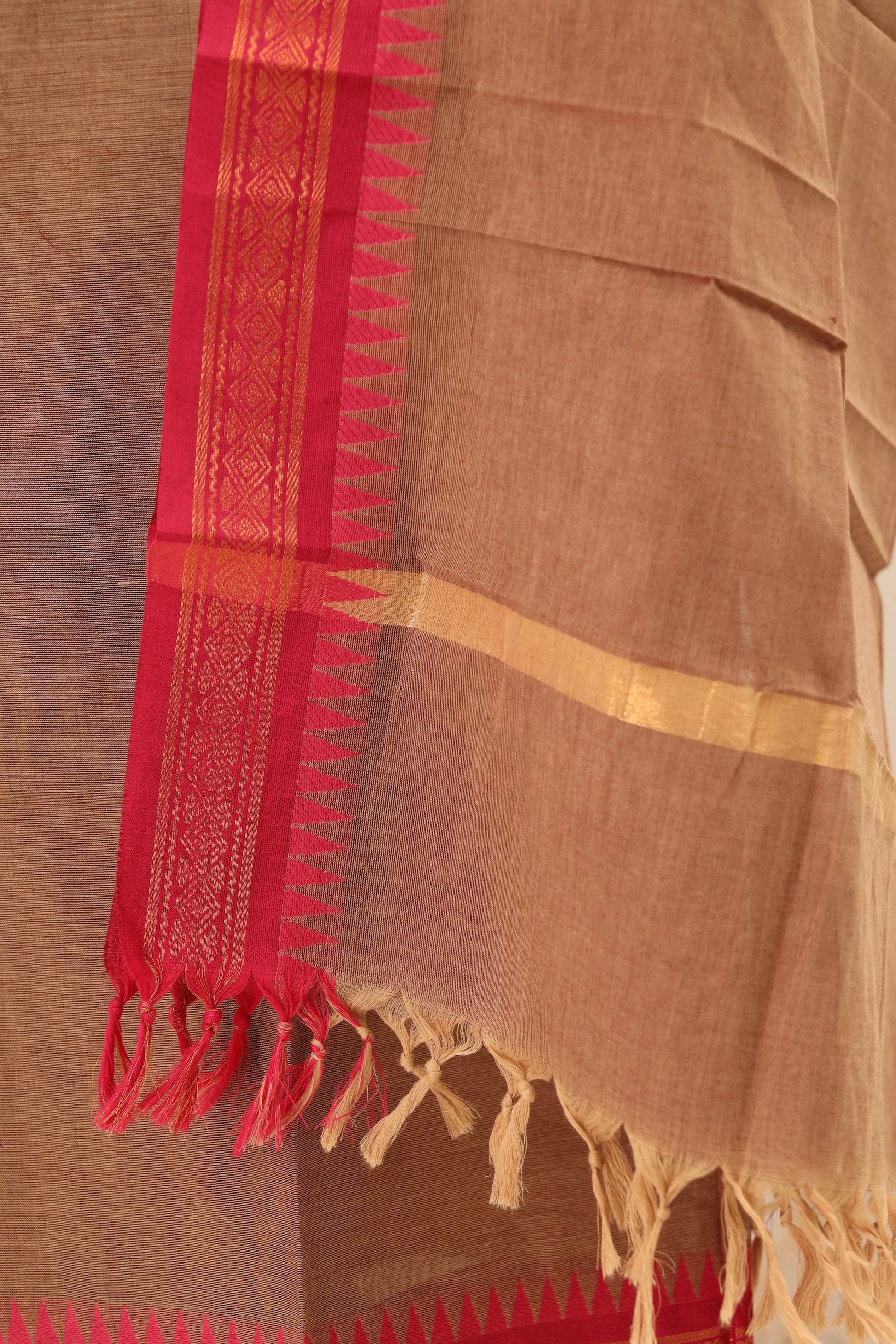 Beige with Pink Border Chettinad Cotton Unstitched Salwar Suit - #NC079