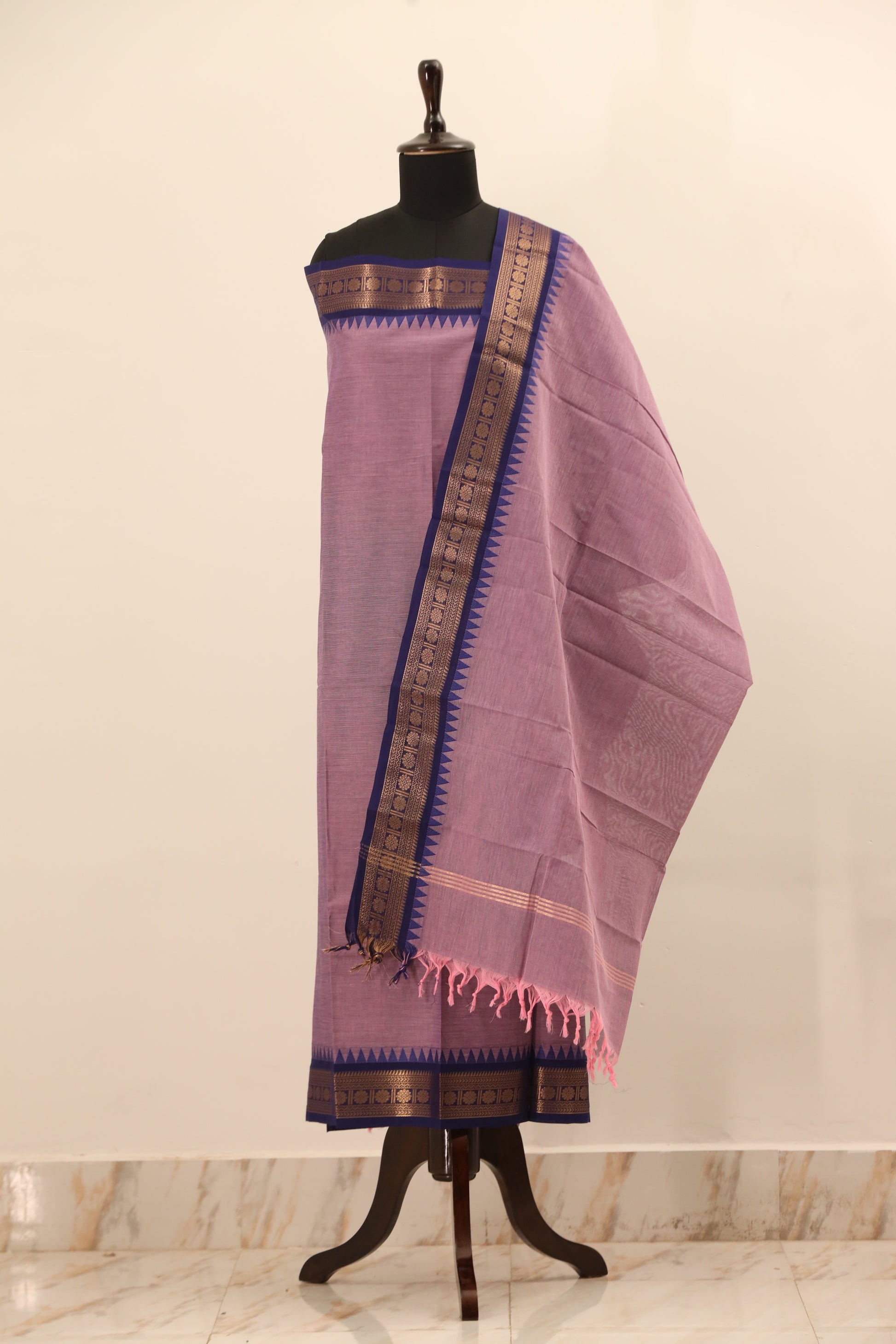 Purple with Blue & Gold Border Chettinad Cotton Unstitched Salwar Suit - #NC080