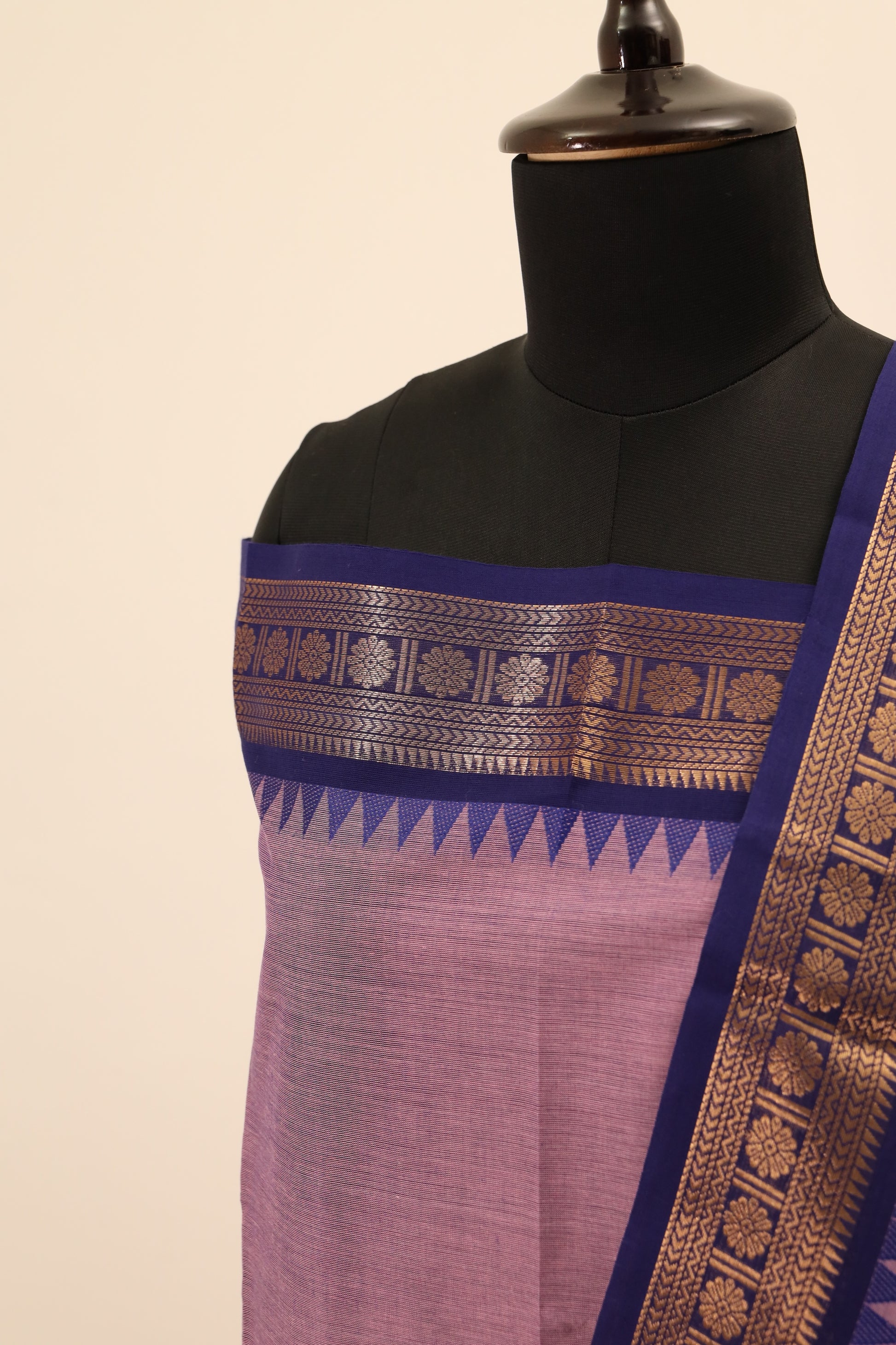 Purple with Blue & Gold Border Chettinad Cotton Unstitched Salwar Suit - #NC080