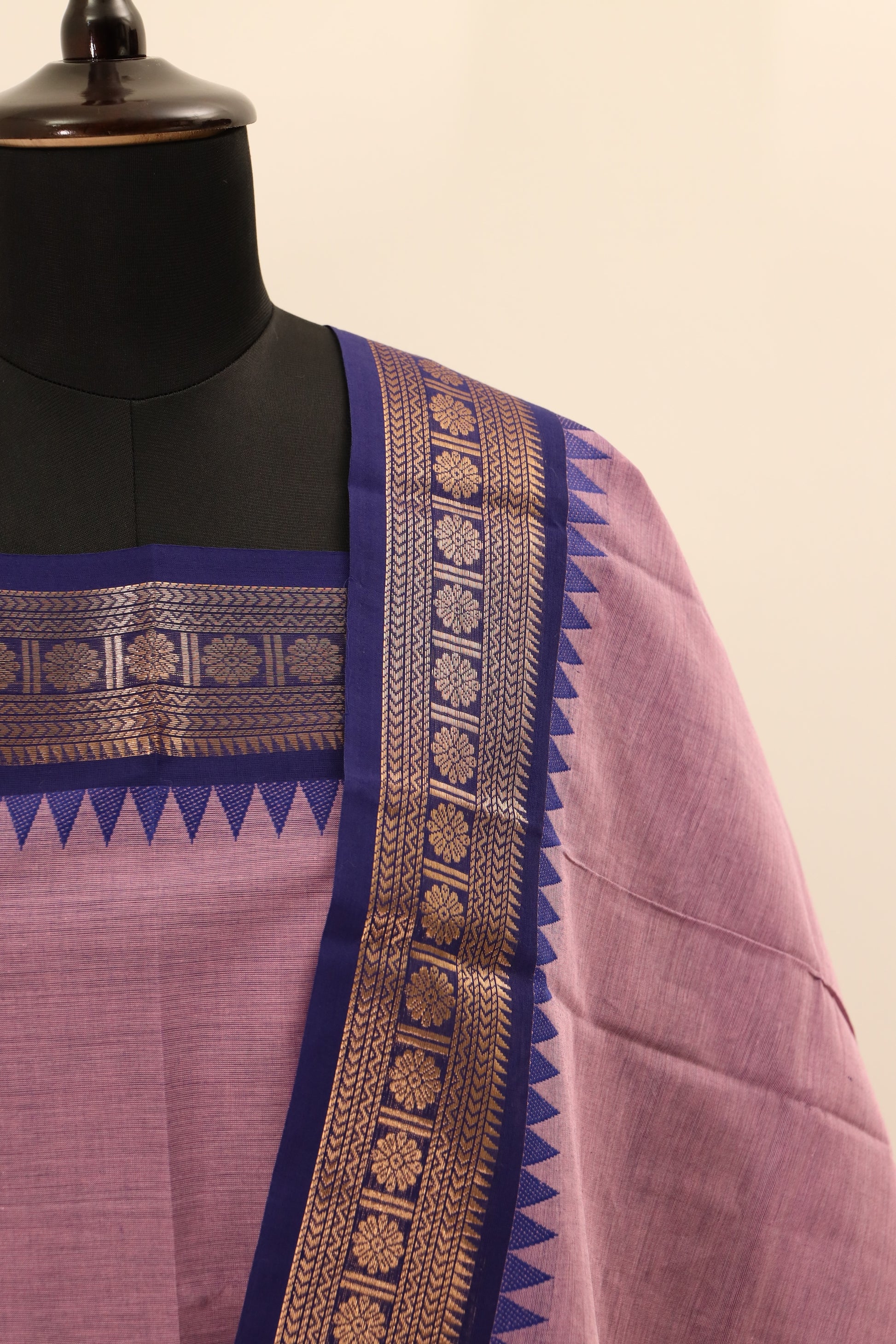 Purple with Blue & Gold Border Chettinad Cotton Unstitched Salwar Suit - #NC080
