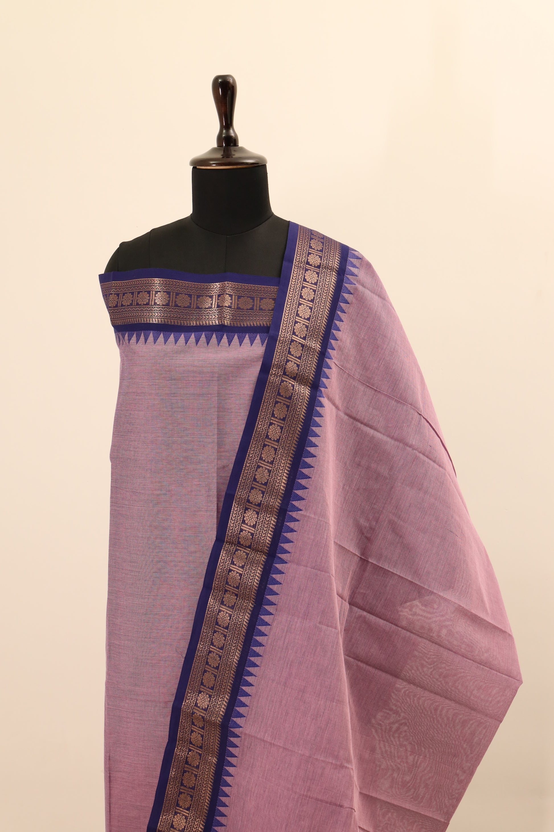 Purple with Blue & Gold Border Chettinad Cotton Unstitched Salwar Suit - #NC080
