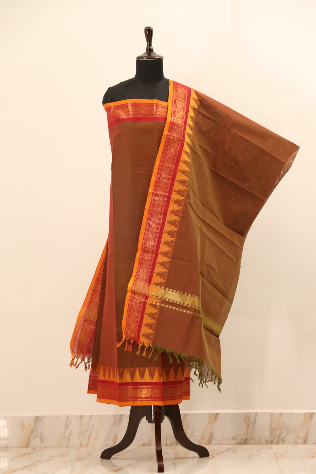 Brown with Orange Border Chettinad Cotton Unstitched Salwar Suit - #NC061