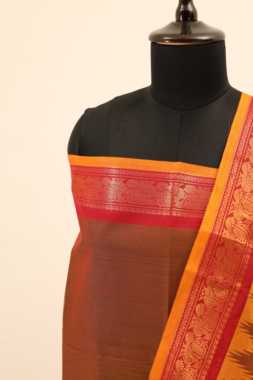 Brown with Orange Border Chettinad Cotton Unstitched Salwar Suit - #NC061