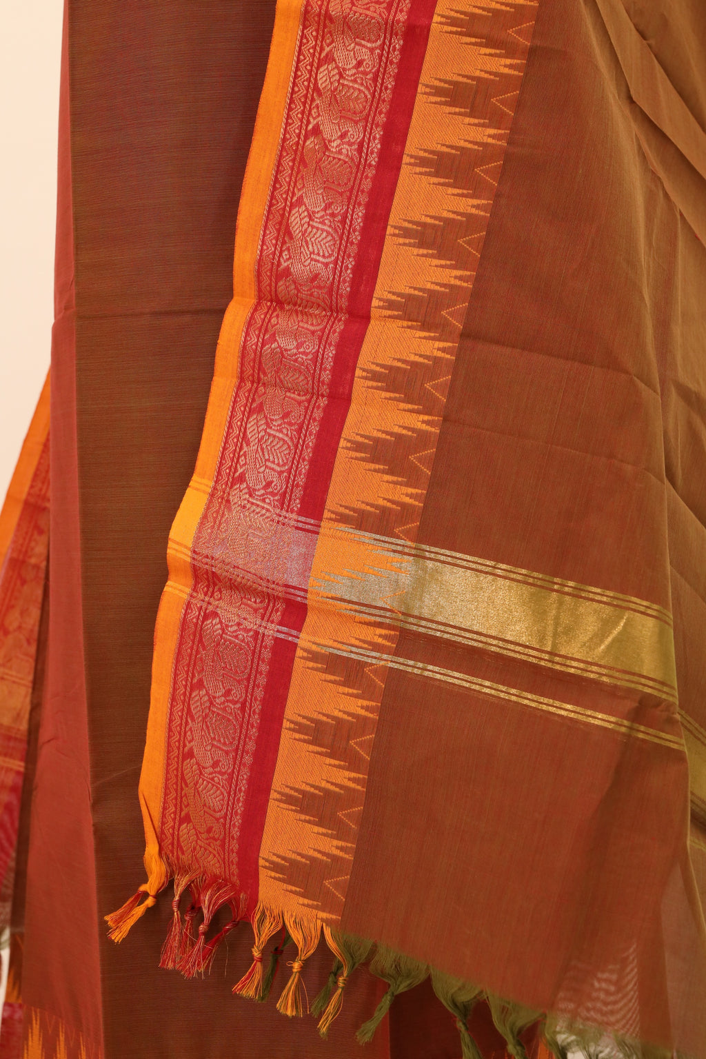 Brown with Orange Border Chettinad Cotton Unstitched Salwar Suit - #NC061