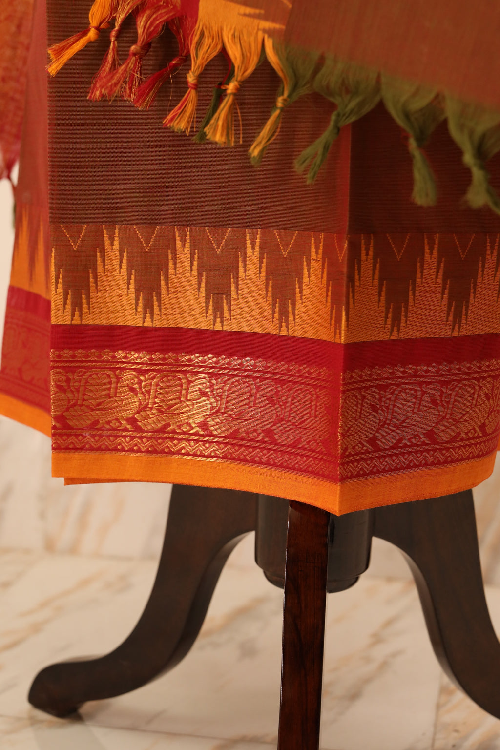 Brown with Orange Border Chettinad Cotton Unstitched Salwar Suit - #NC061
