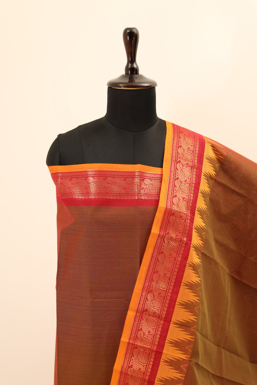 Brown with Orange Border Chettinad Cotton Unstitched Salwar Suit - #NC061