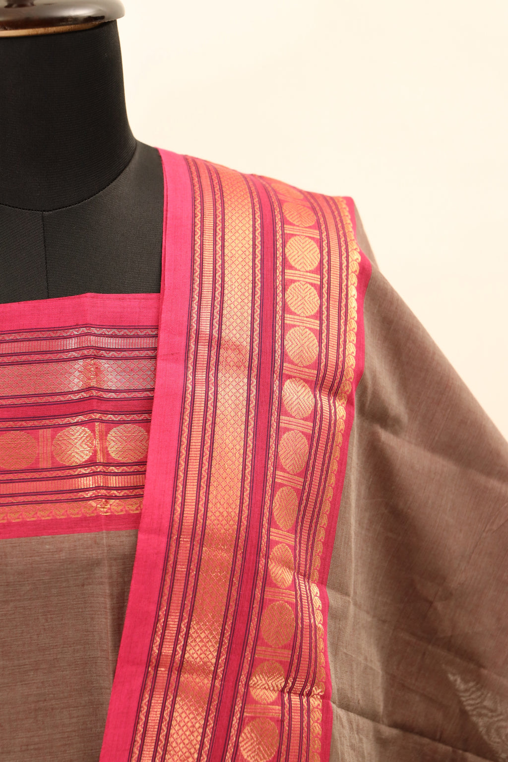 Brown with Pink Border Chettinad Cotton Unstitched Salwar Suit - #NC066