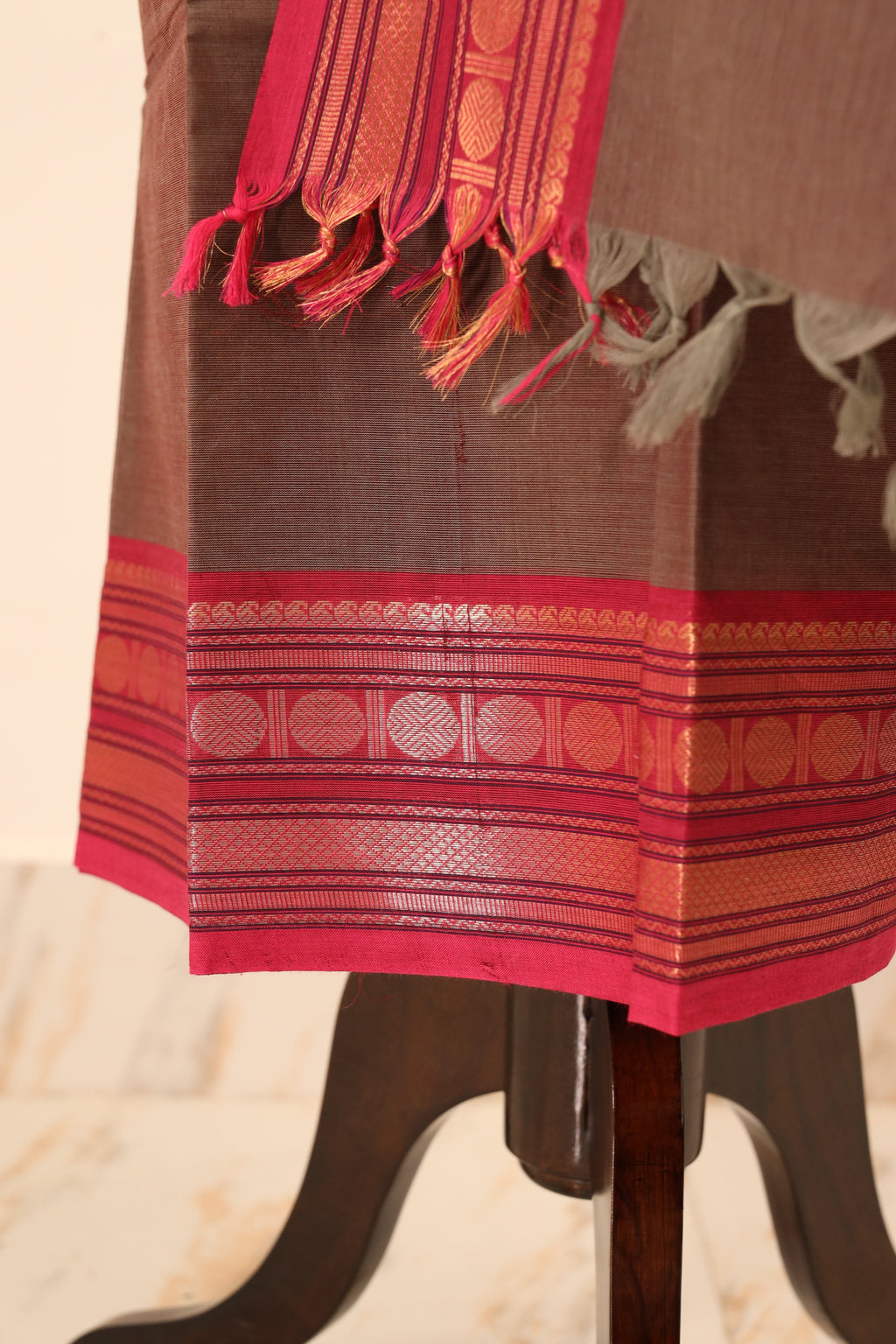 Brown with Pink Border Chettinad Cotton Unstitched Salwar Suit - #NC066