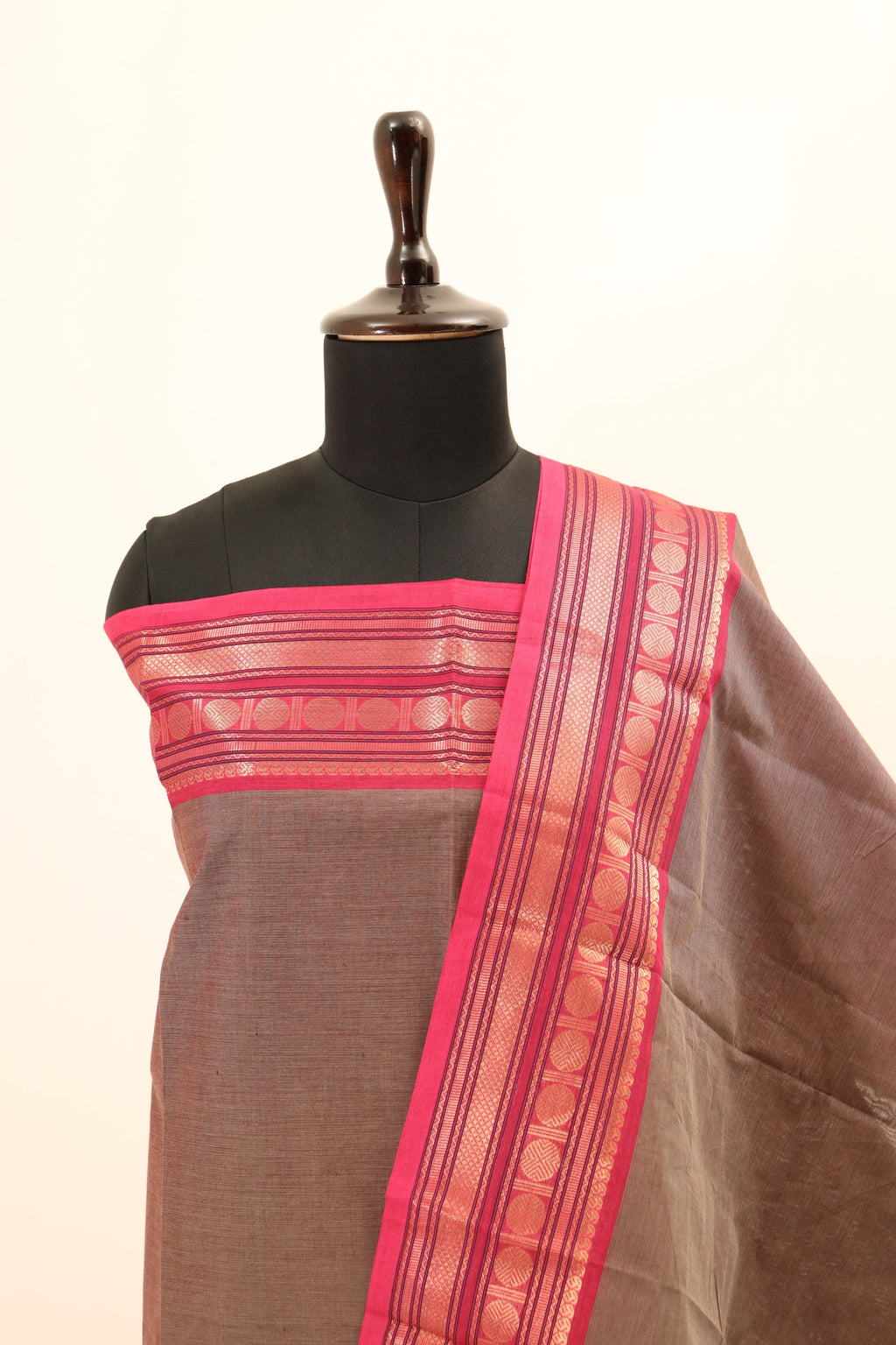 Brown with Pink Border Chettinad Cotton Unstitched Salwar Suit - #NC066