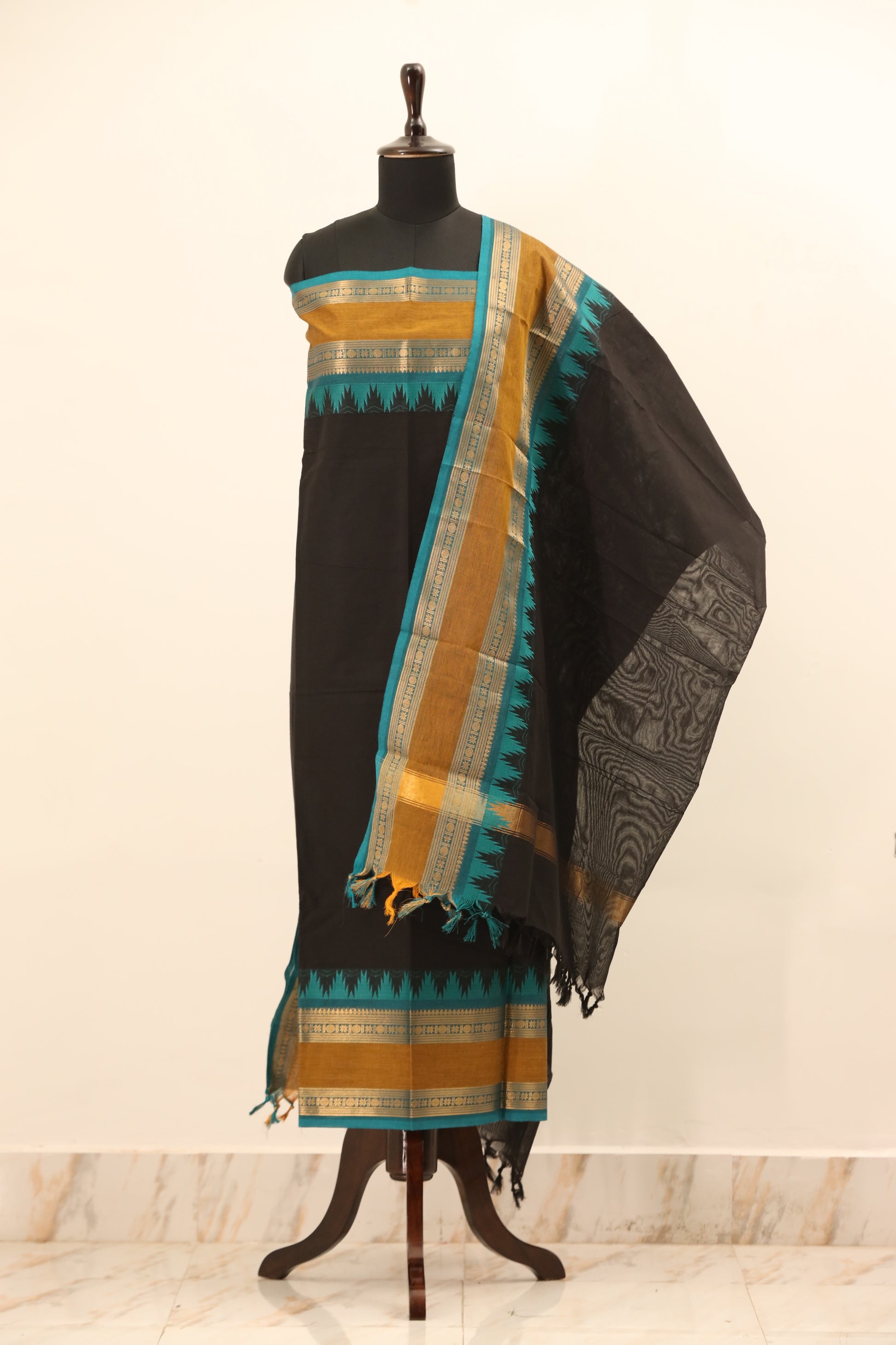 Black with colorful Border Chettinad Cotton Unstitched Salwar Suit - #NC068