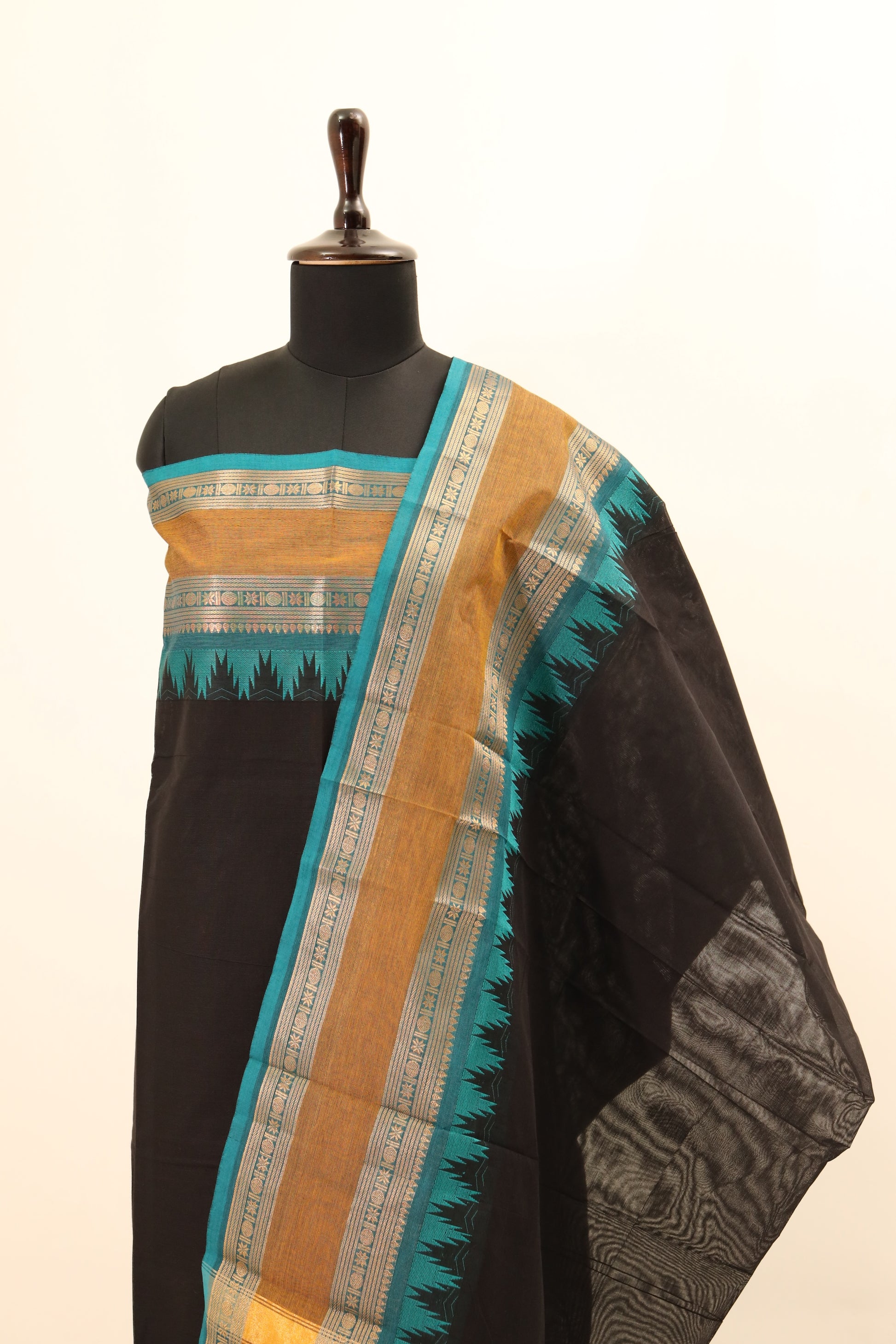 Black with colorful Border Chettinad Cotton Unstitched Salwar Suit - #NC068