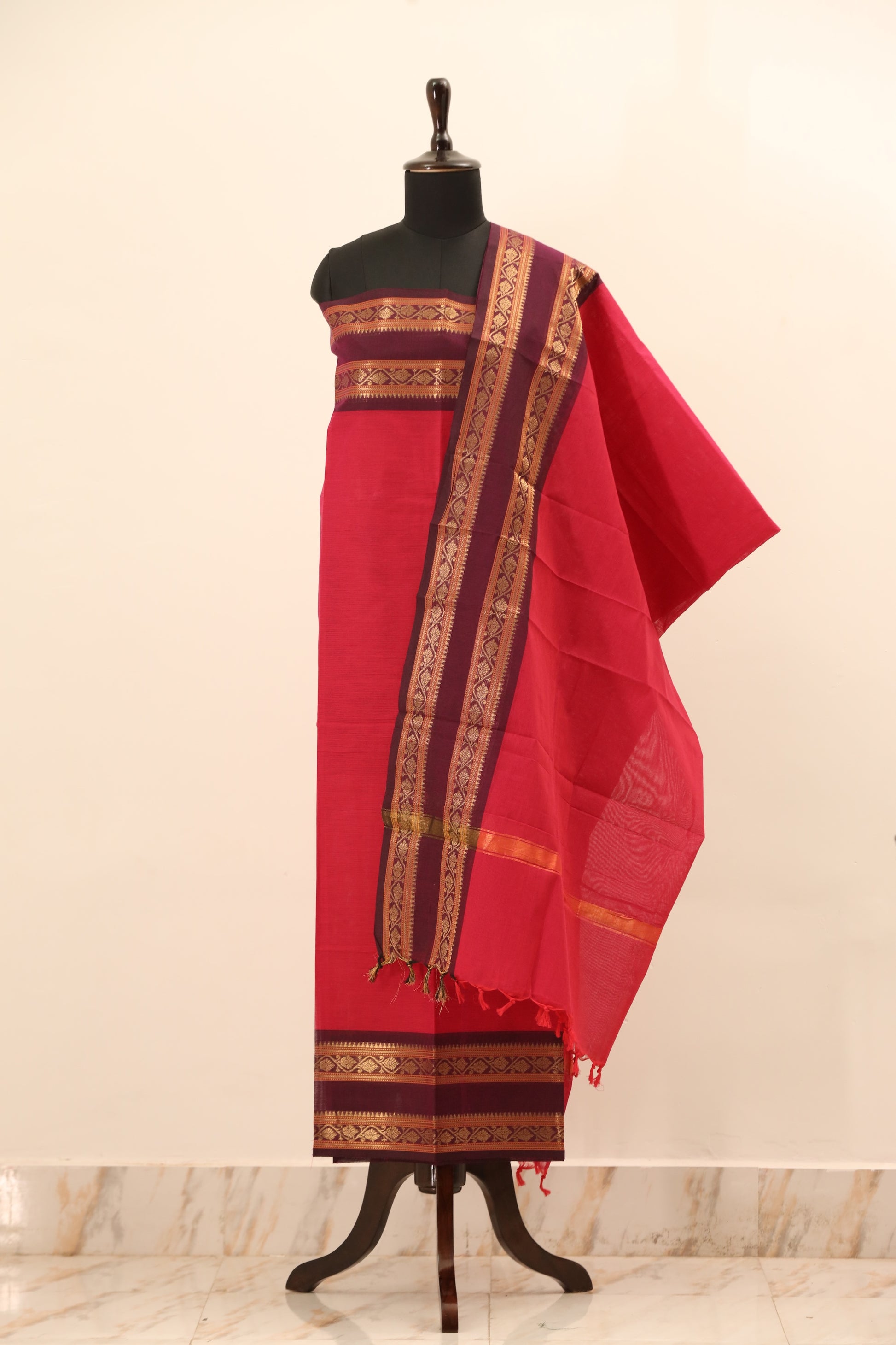 Red with Brown & Golden Border Chettinad Cotton Unstitched Salwar Suit - #NC081