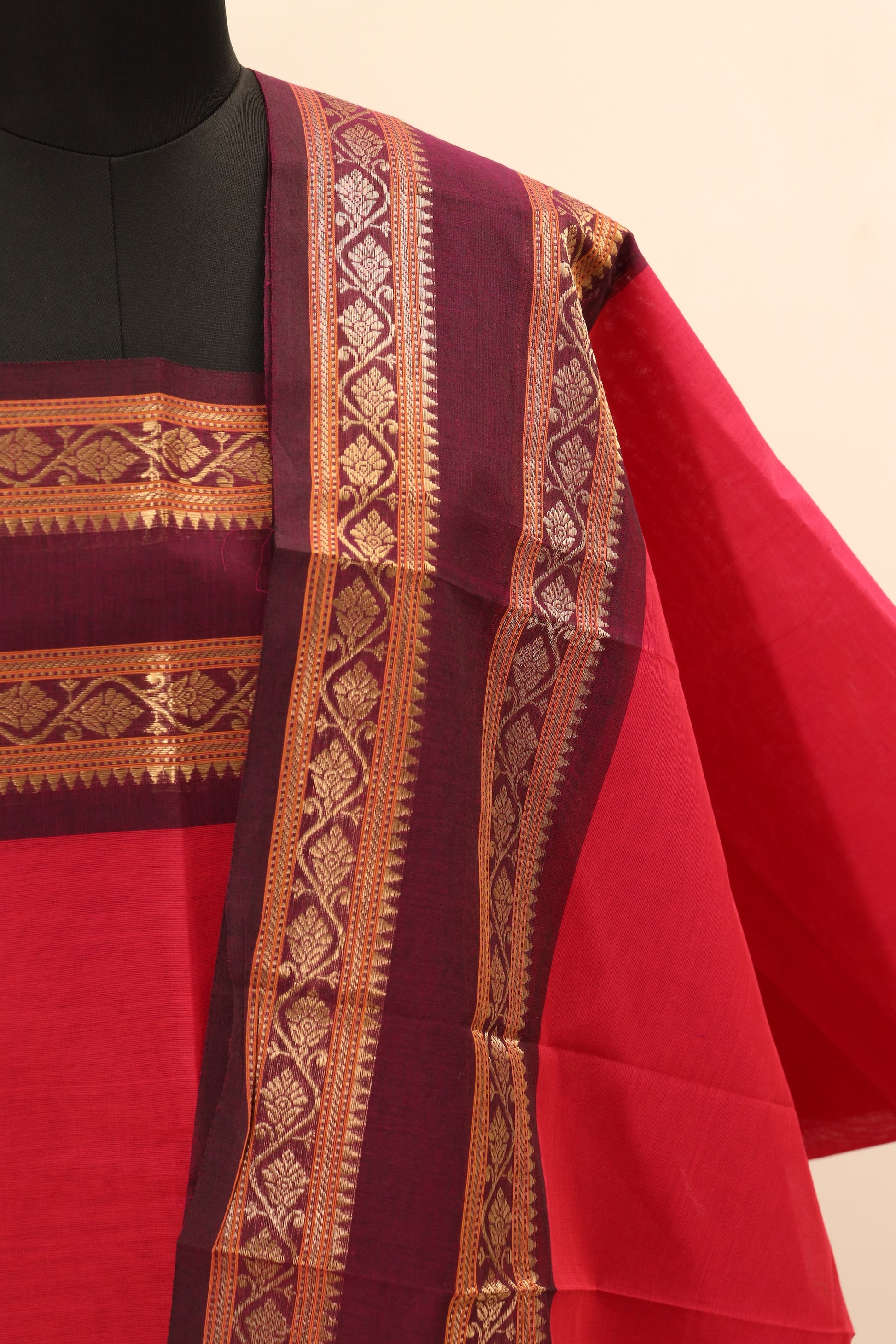Red with Brown & Golden Border Chettinad Cotton Unstitched Salwar Suit - #NC081