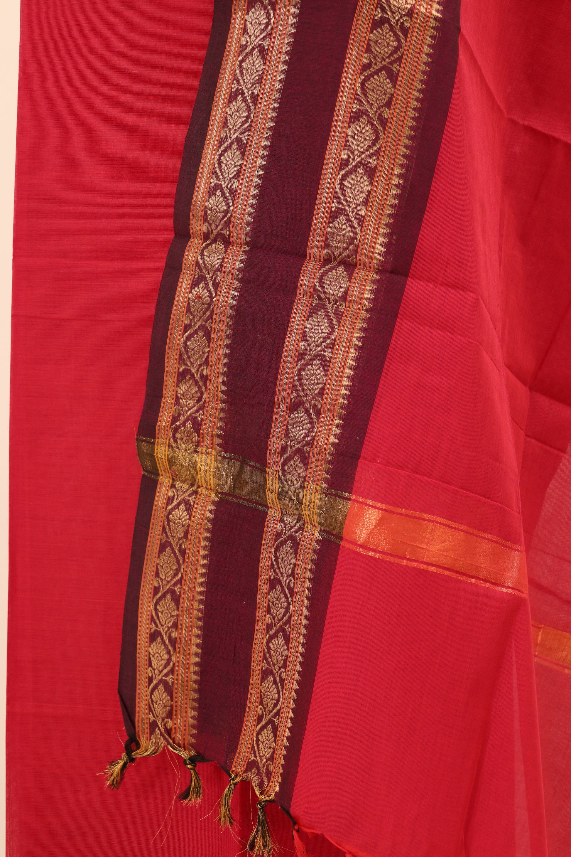 Red with Brown & Golden Border Chettinad Cotton Unstitched Salwar Suit - #NC081
