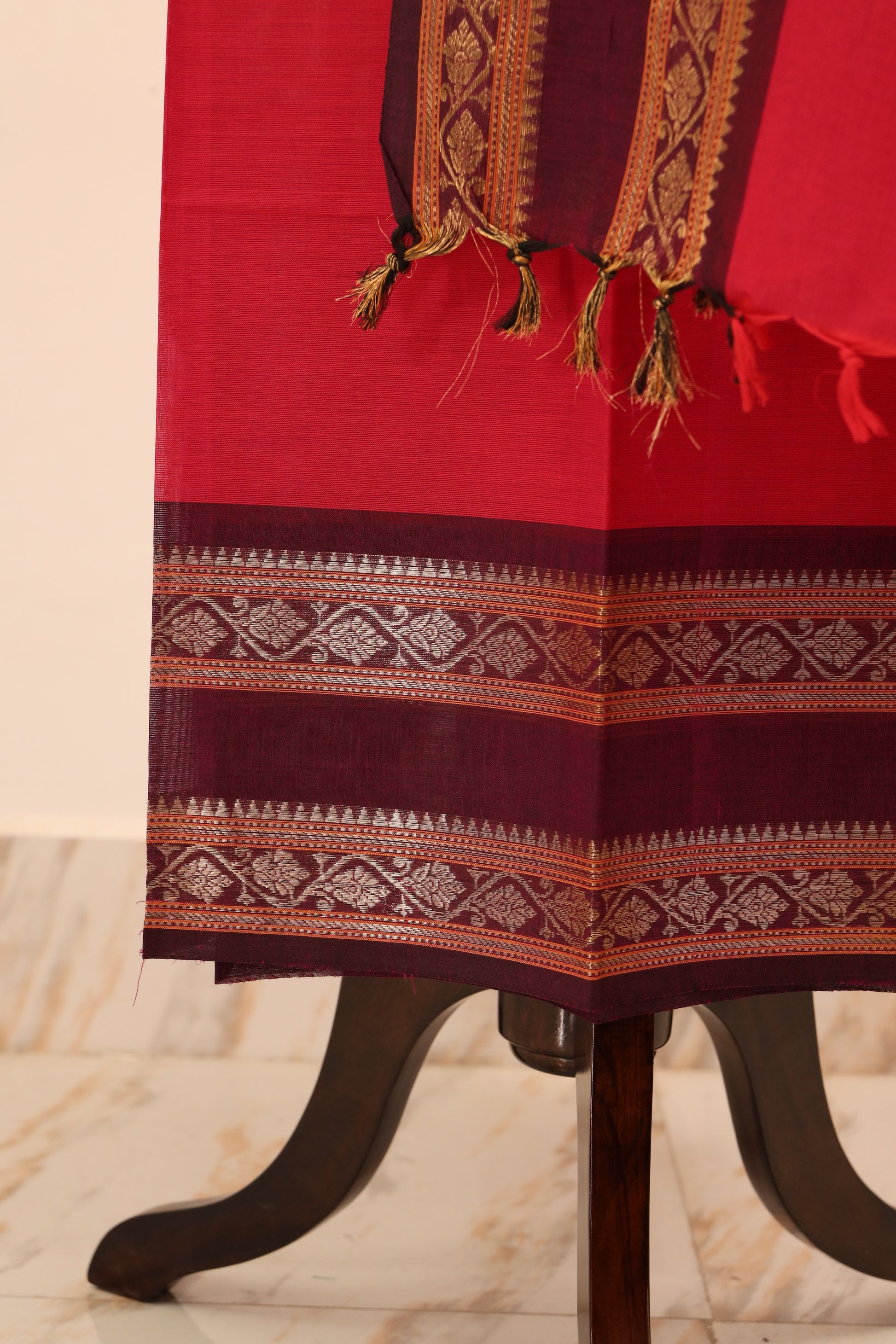 Red with Brown & Golden Border Chettinad Cotton Unstitched Salwar Suit - #NC081